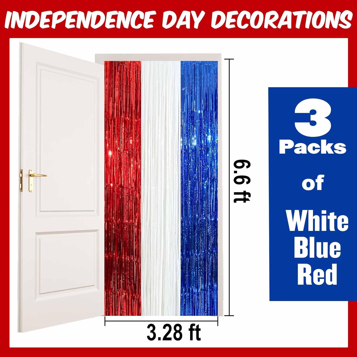 3 Pack White Blue Red Foil Fringe Curtains Backdrop, 3.28 x 6.6 Ft Metallic Streamers Tinsel Curtains Background for Photo Booth, Birthday, Halloween, Christmas, New Year Party Decorations