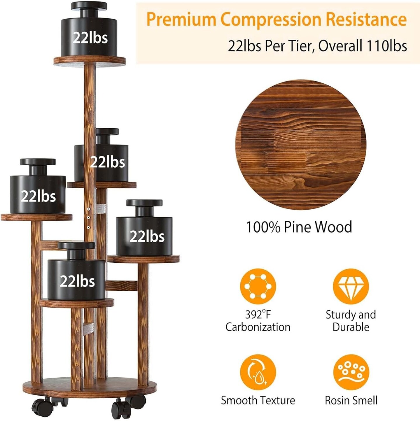 5-Tier Wooden Plant Stand with Detachable Wheels
