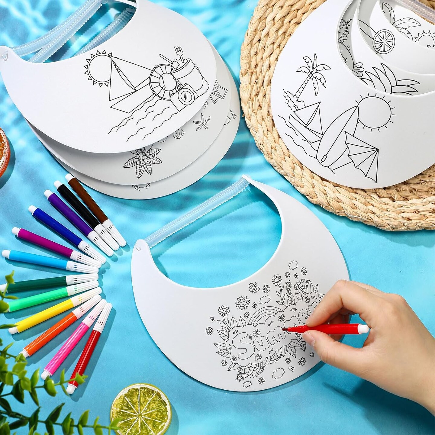 24 Sets End of Year Student Gifts, Color Your Own Foam Visors with Pens DIY Coil Visors Summer DIY Crafts for Kids Children