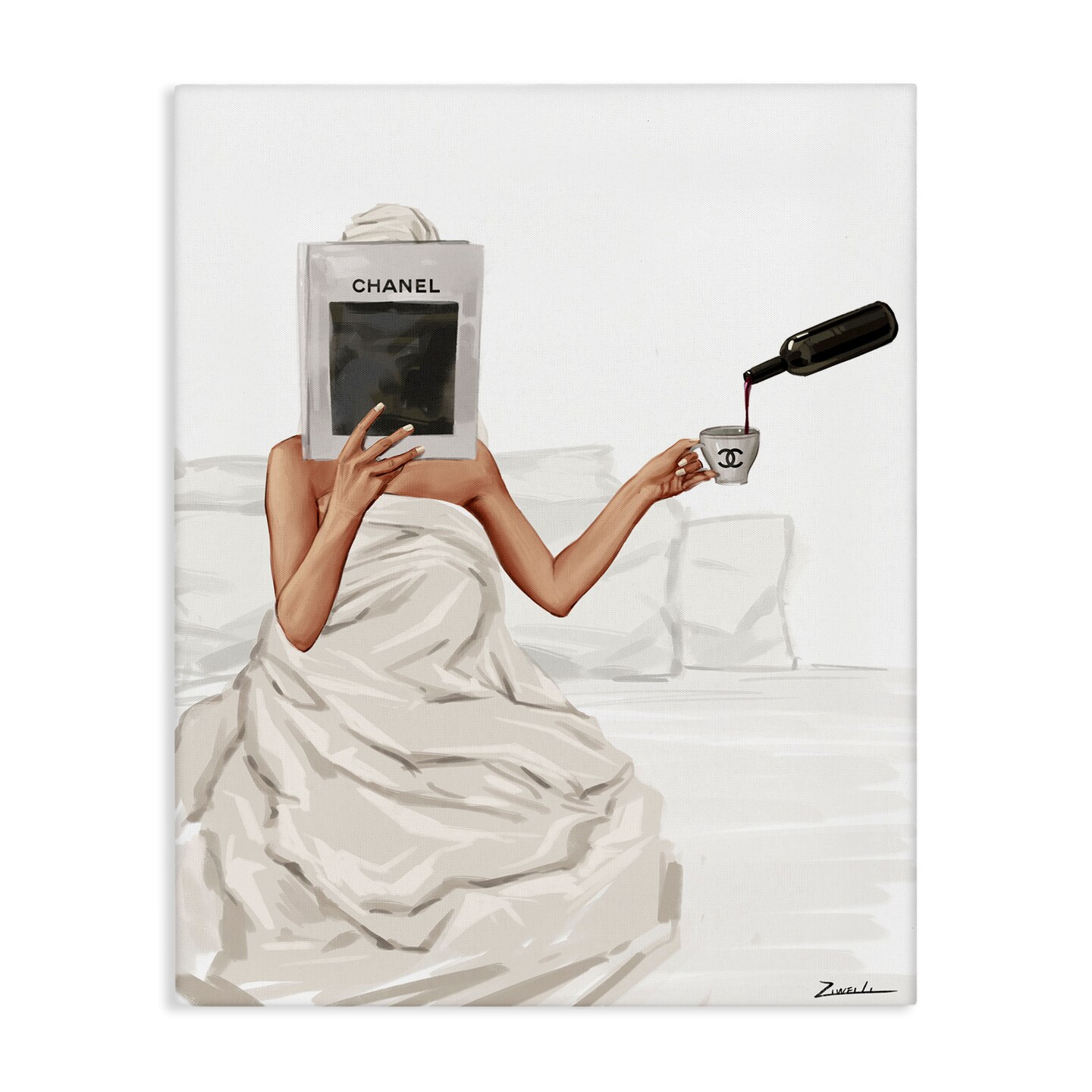 Stupell Industries Pouring Drink in Bed Canvas Design by Ziwei Li
