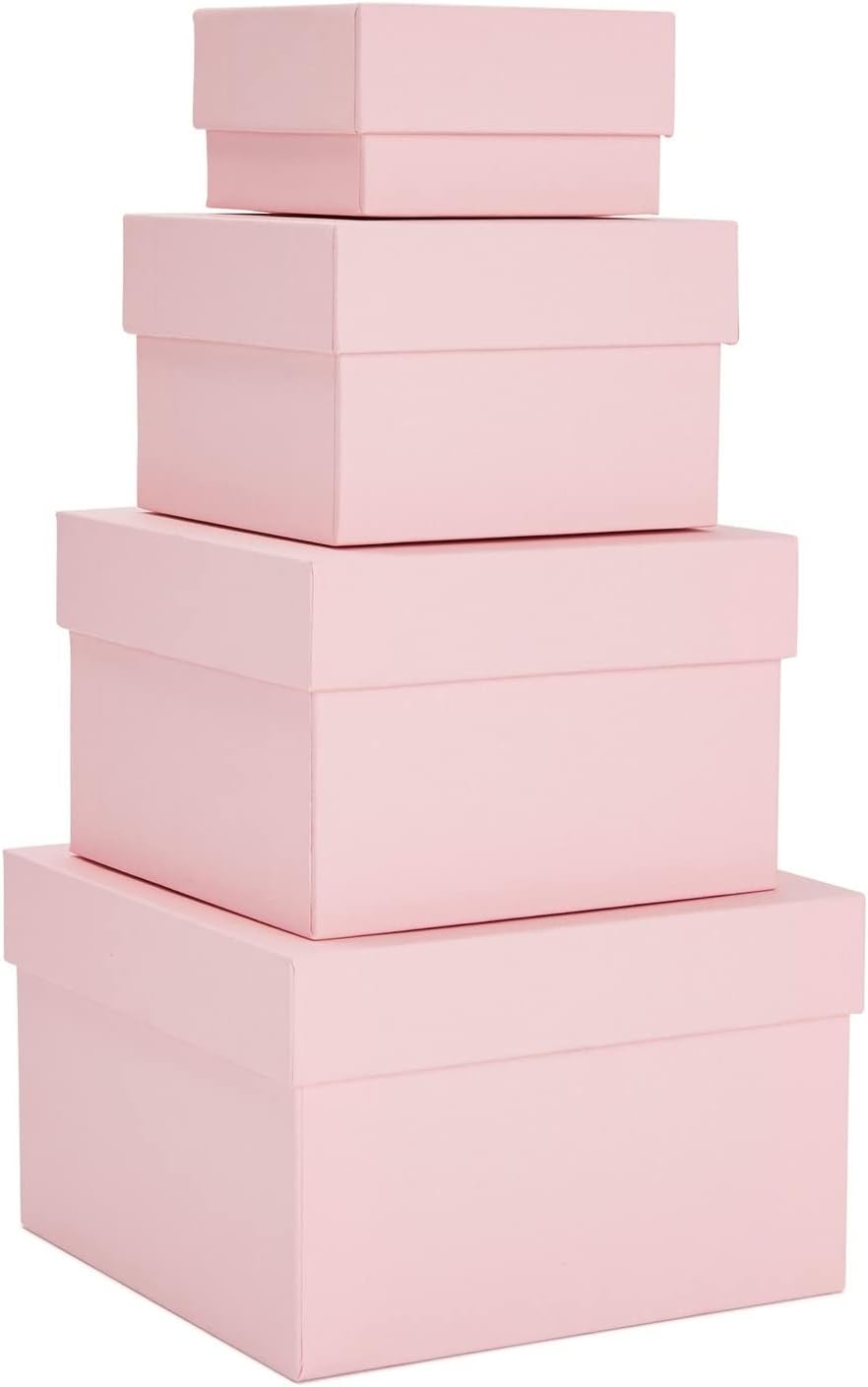 4-Piece Pink Nesting Gift Box Set – Stackable Square Boxes with Lids for Weddings, Birthdays, Party Favors & Holiday Gifts (Pink)