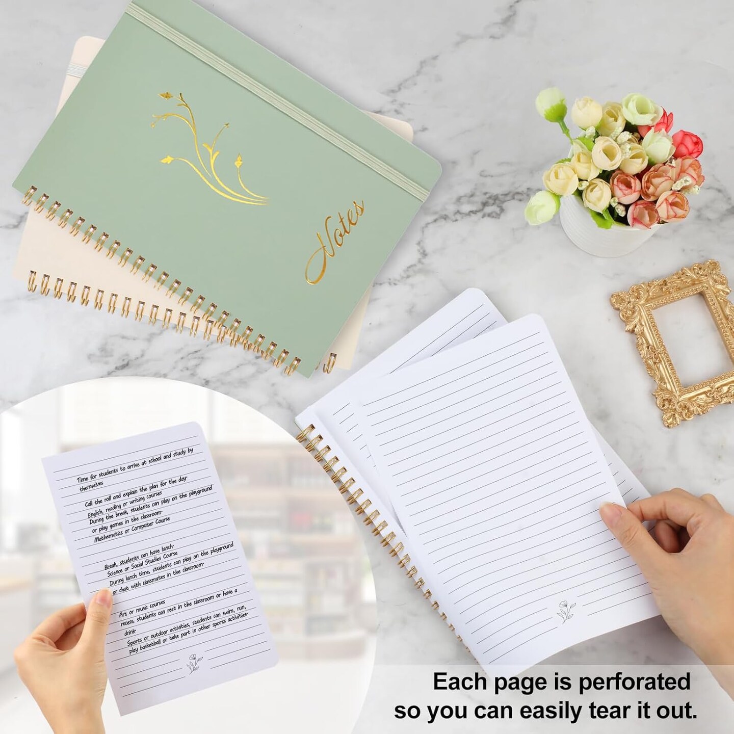 Aesthetic Spiral Notebook, 2PCS Cute Notebook, 8.3" x 6" Notebook For Women, A5 Spiral Journal Notebook for Office/School/Home (Green & Beige)