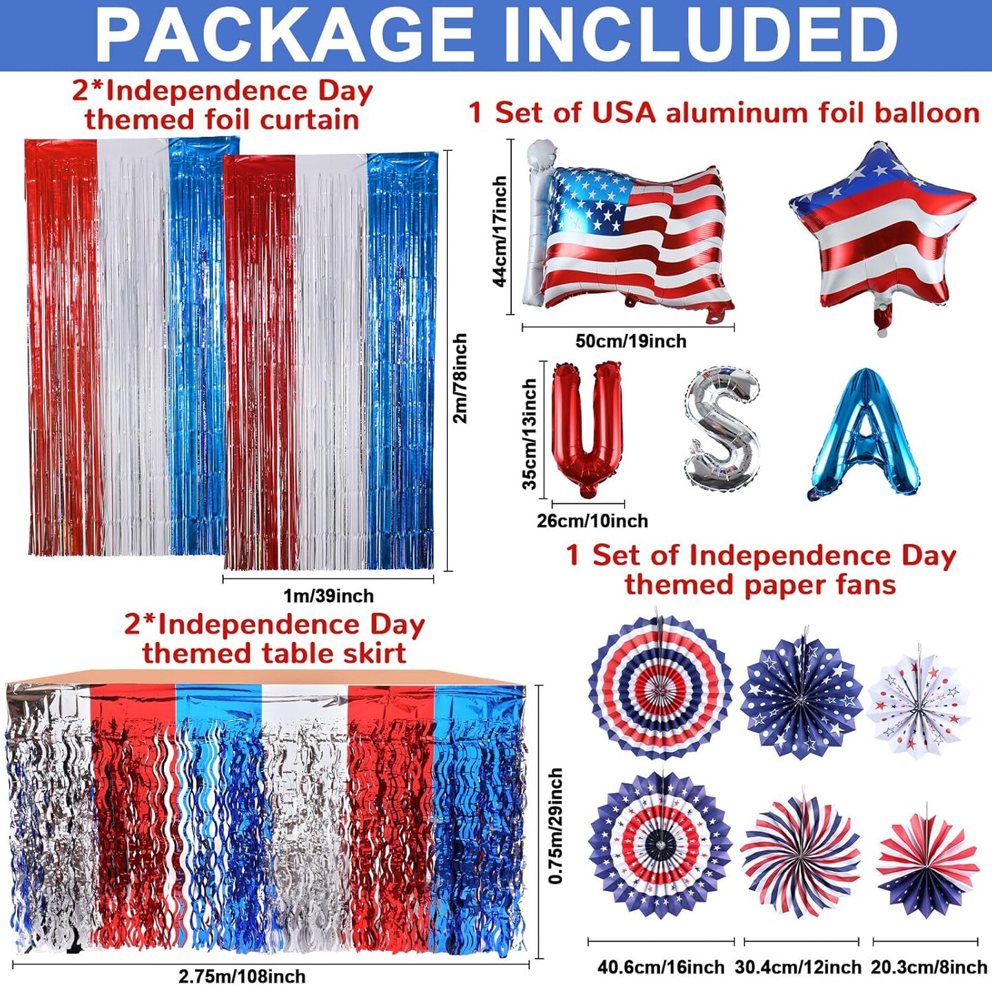 Patriotic Party Supplies Set USA Hanging Paper Fans Foil Fringe Curtains Backdrop Metallic Tinsel Table Skirt USA Flag Foil Balloon for Independence Day Party Supplies