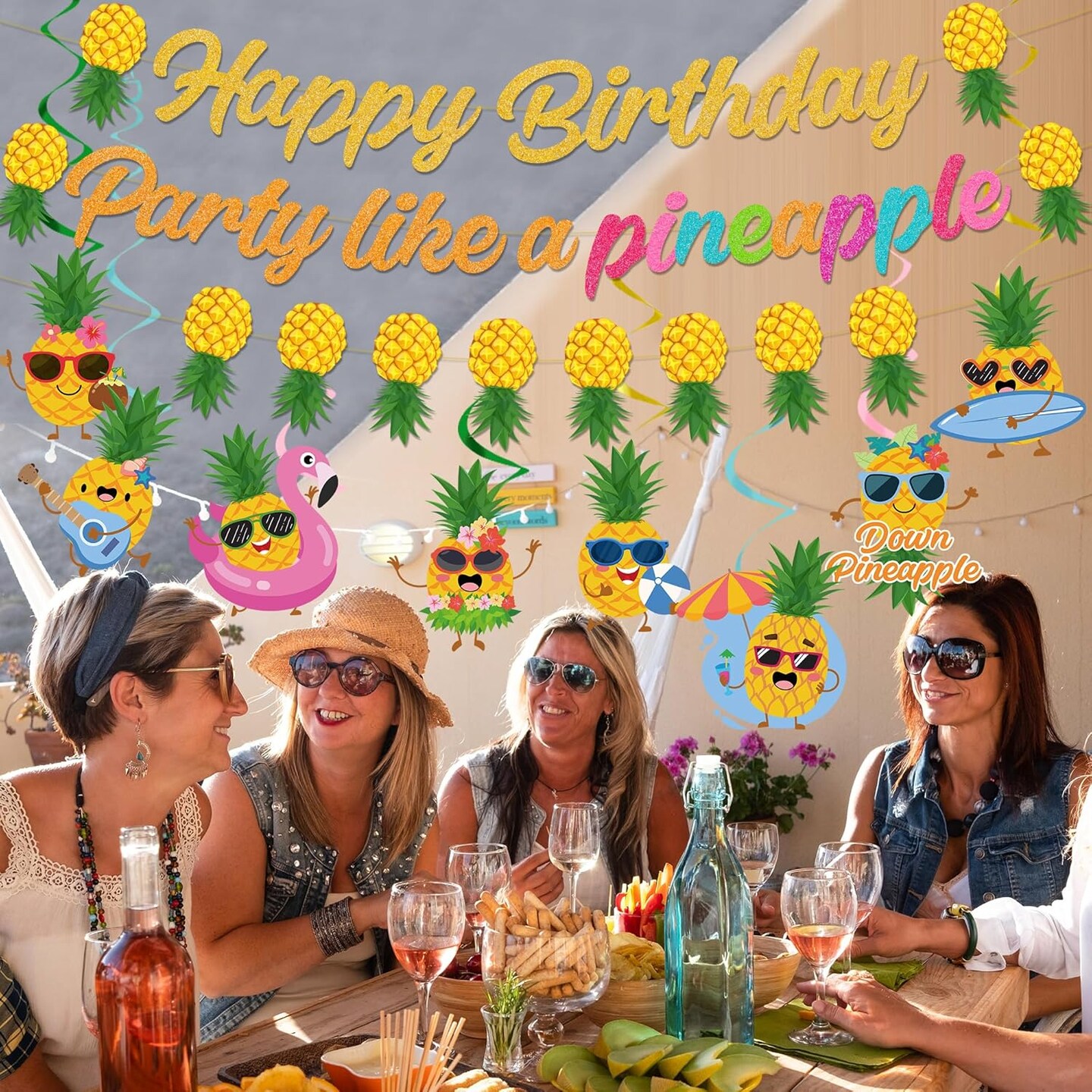 Pineapple Birthday Banner Decorations - Party Like A Pineapple Happy Birthday Banner with Hanging Swirl Tropical Party Decor for Summer Aloha Luau Hawaiian Birthday Party Supplies, Yellow