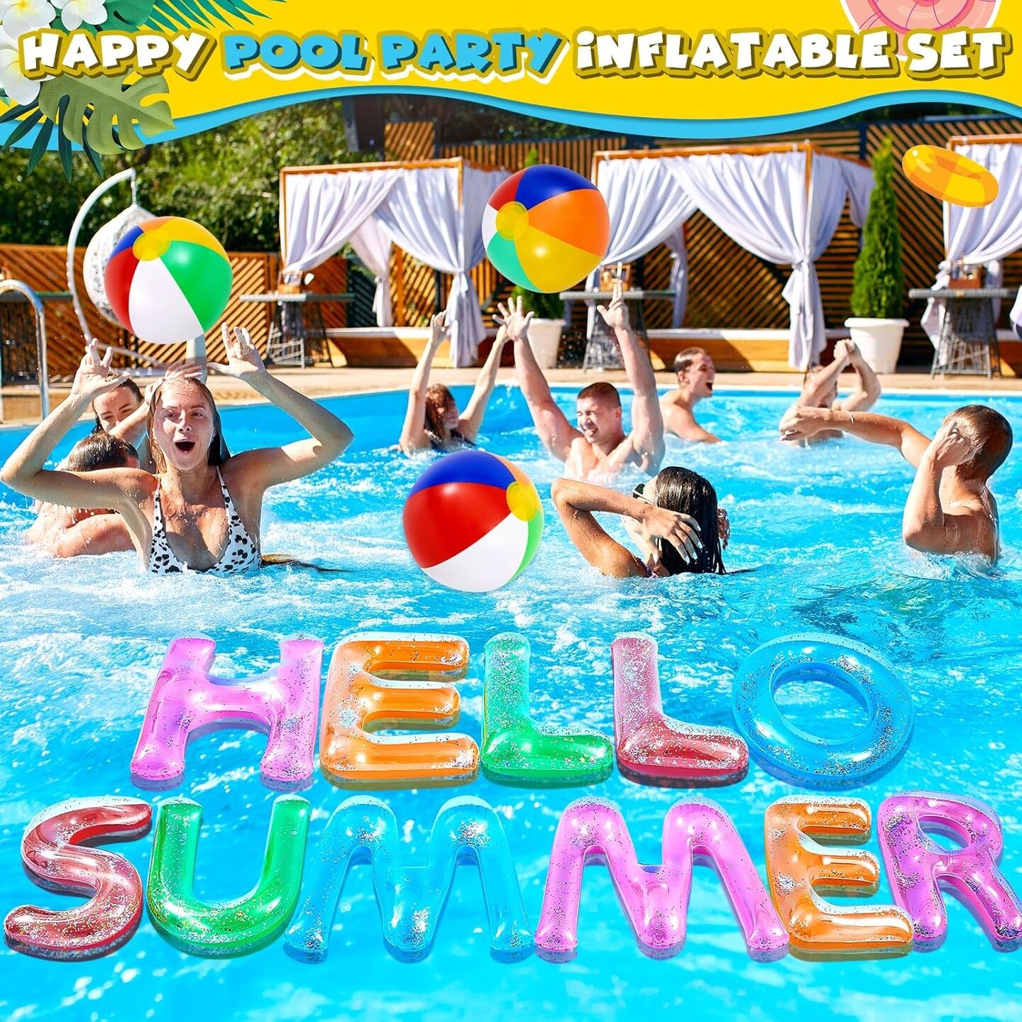 Hello Summer Floating Pool Letters Summer Party Decoration Inflatable Floats Letters Decoration Surfboard Hawaiian Luau Inflatable Signs with 4 Beach Balls