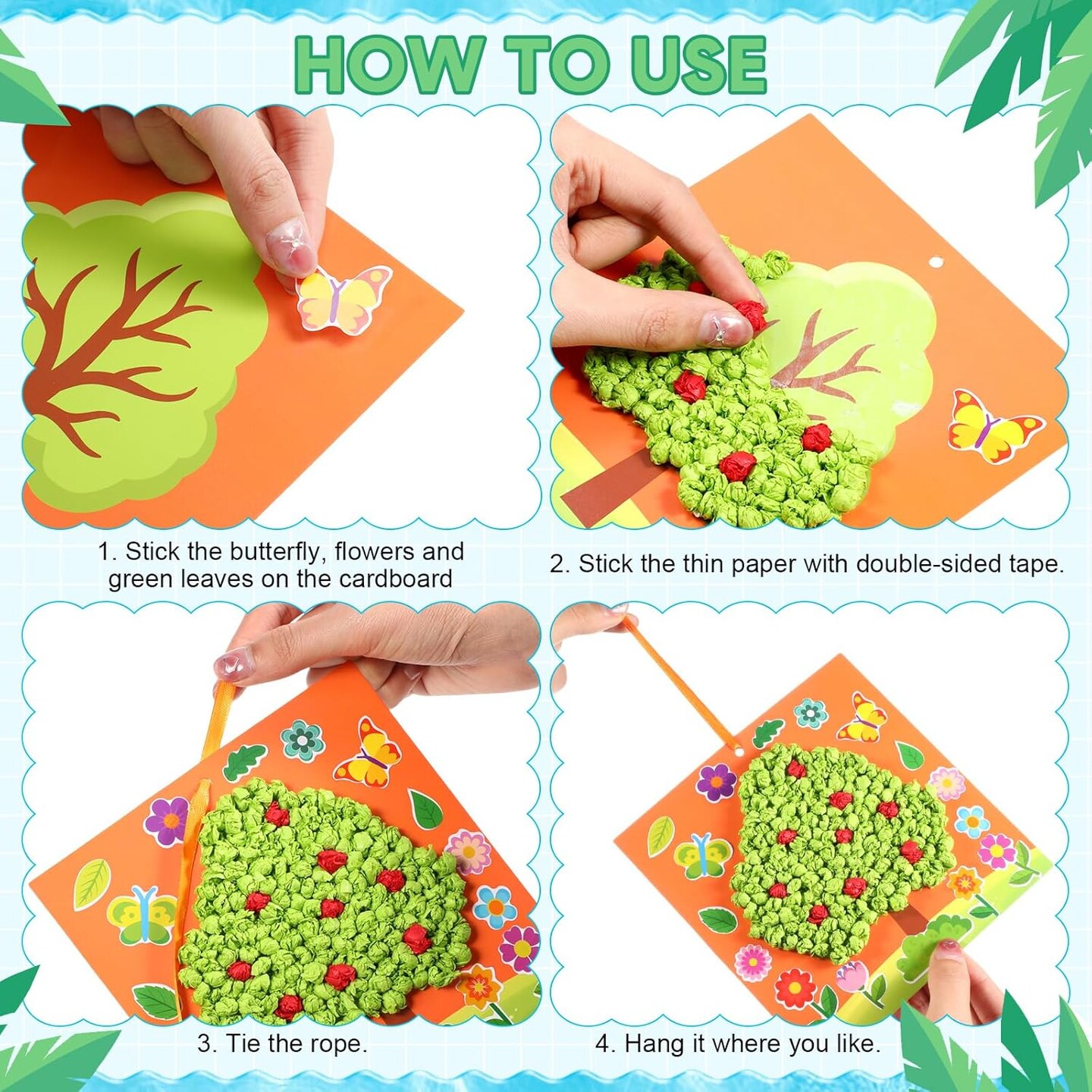 24 Packs Spring Tree DIY Craft Kits Springtime Tissue Pom Pom Paper Craft Bulk Make Your Art Crafts Hanging Ornament Crinkle Tissue Leaf Classroom Decor for Spring Party Home Activity Gifts