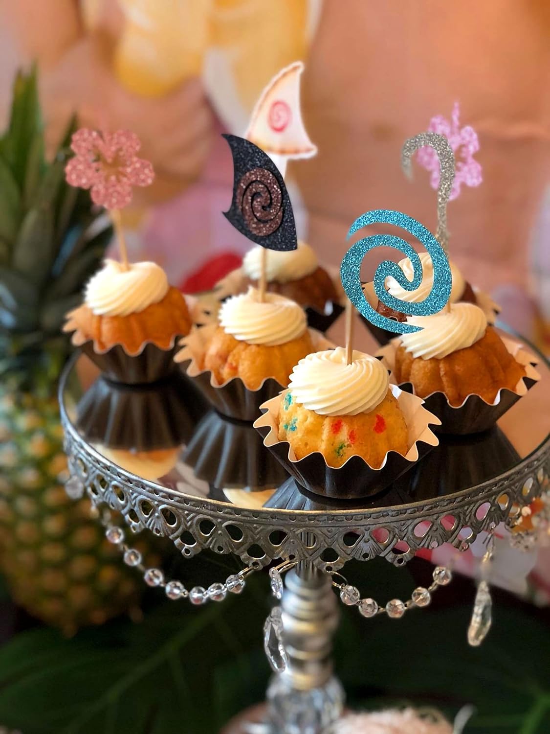 30 Pcs Glittery Moana Inspired Cupcake Toppers Moana Cake Toppers Hawaiian Birthday Party Decoration for Tropical Luau Summer Party Baby Shower Wedding