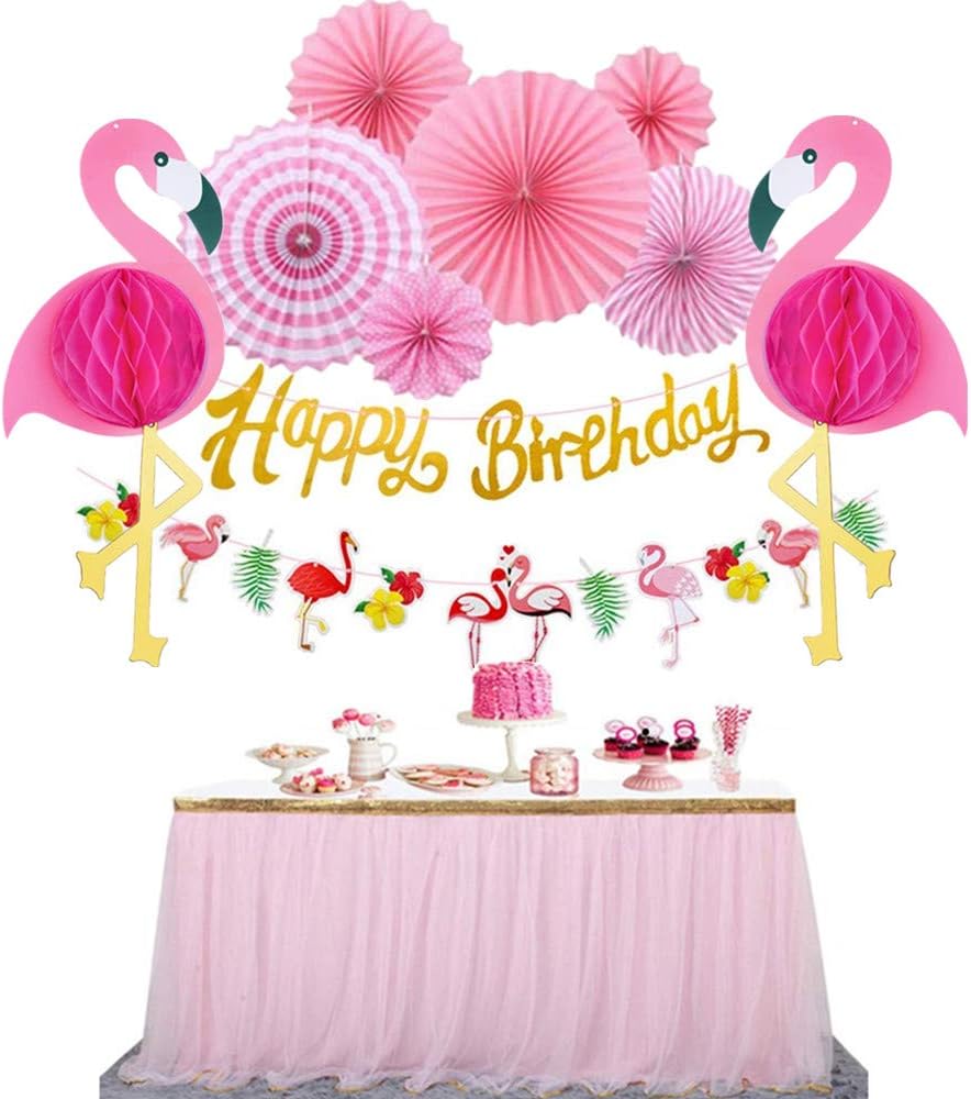 Flamingo Party Honeycomb Decoration, Hanging Pink Paper Fans, Birthday Banners, Swirl Decorations