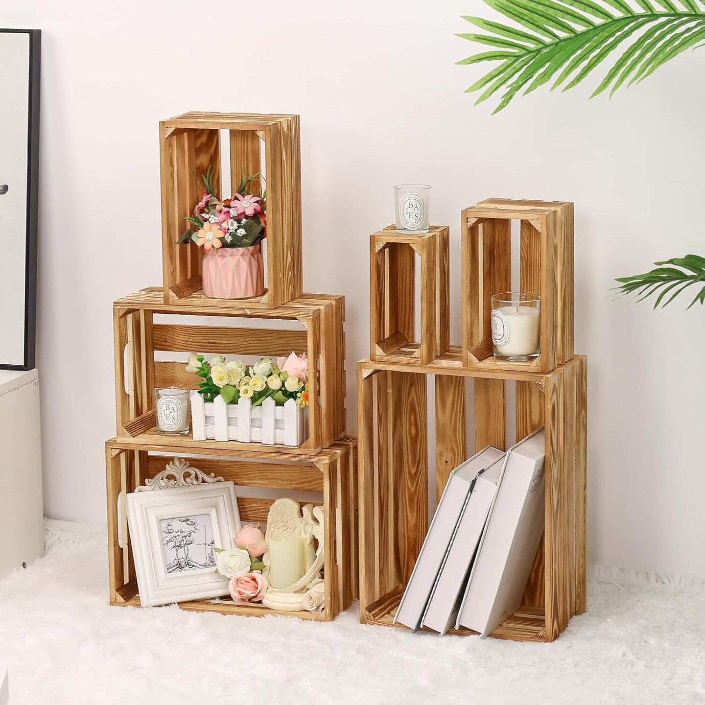 Set of 6 Decorative Wood Crates Nesting Storage Container, 6 Size Farmhouse Decorative Wooden Storage Boxes, Rustic Wooden Crates for Storage, Display, Decorations