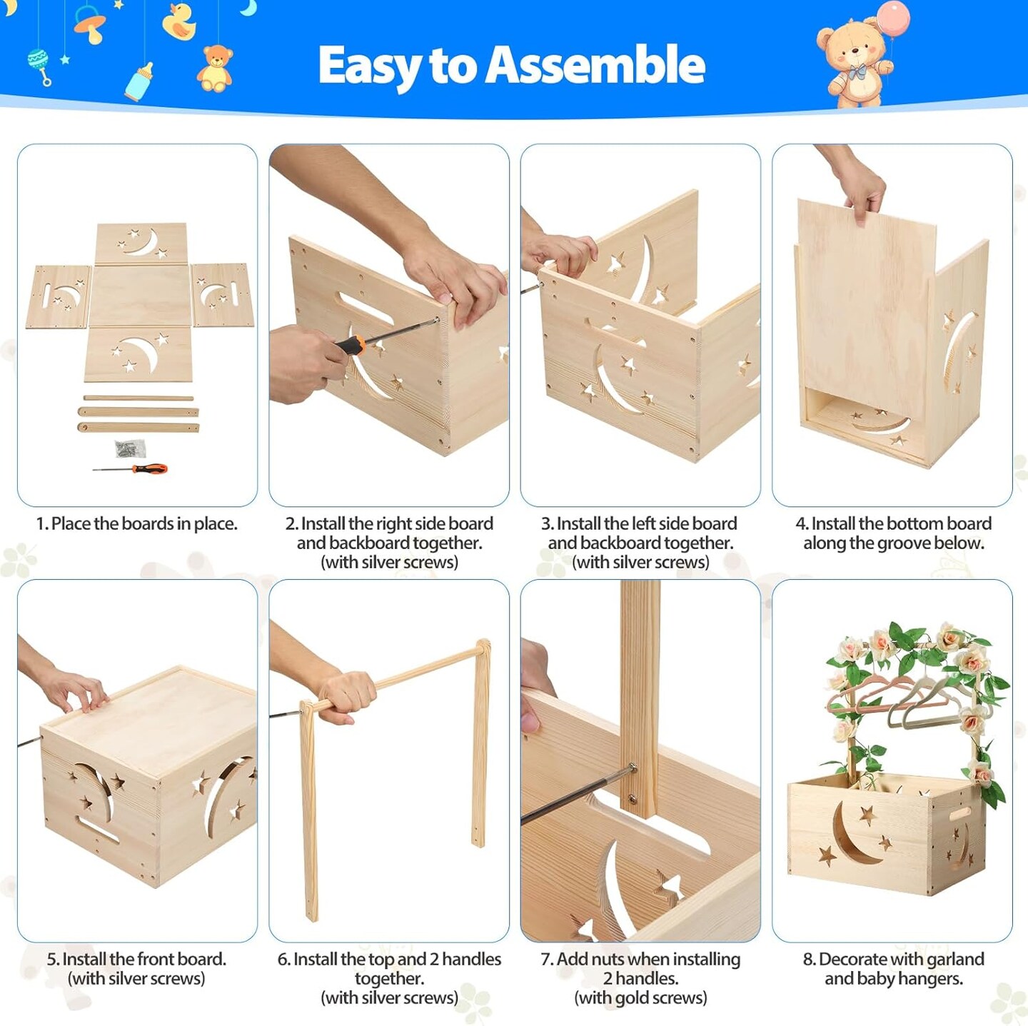 Wooden Baby Shower Crate Closet, Personalized Shower Basket Wooden Crate Box with Handle, Easy Assembly Baby Gift Basket, Pregnancy Gifts for New Parents with Hanger &#x26; Garland