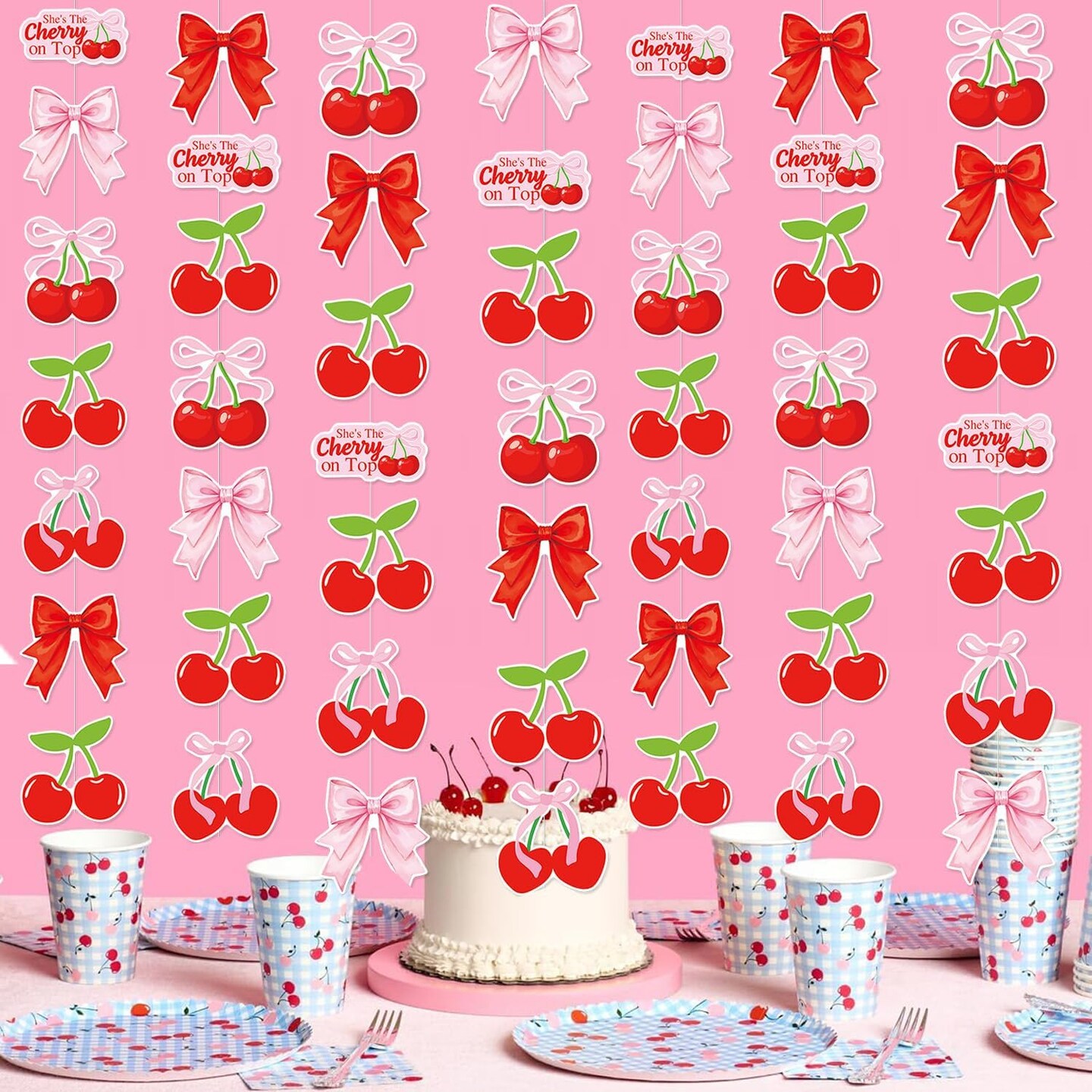 Summer Cherry Party Decorations, She&#x27;s The Cherry On Top Theme Hanging Swirl,Cute Summer Red and Pink Cherries Foil Swirls for Birthday Baby Shower Wedding Bridal Shower Girls