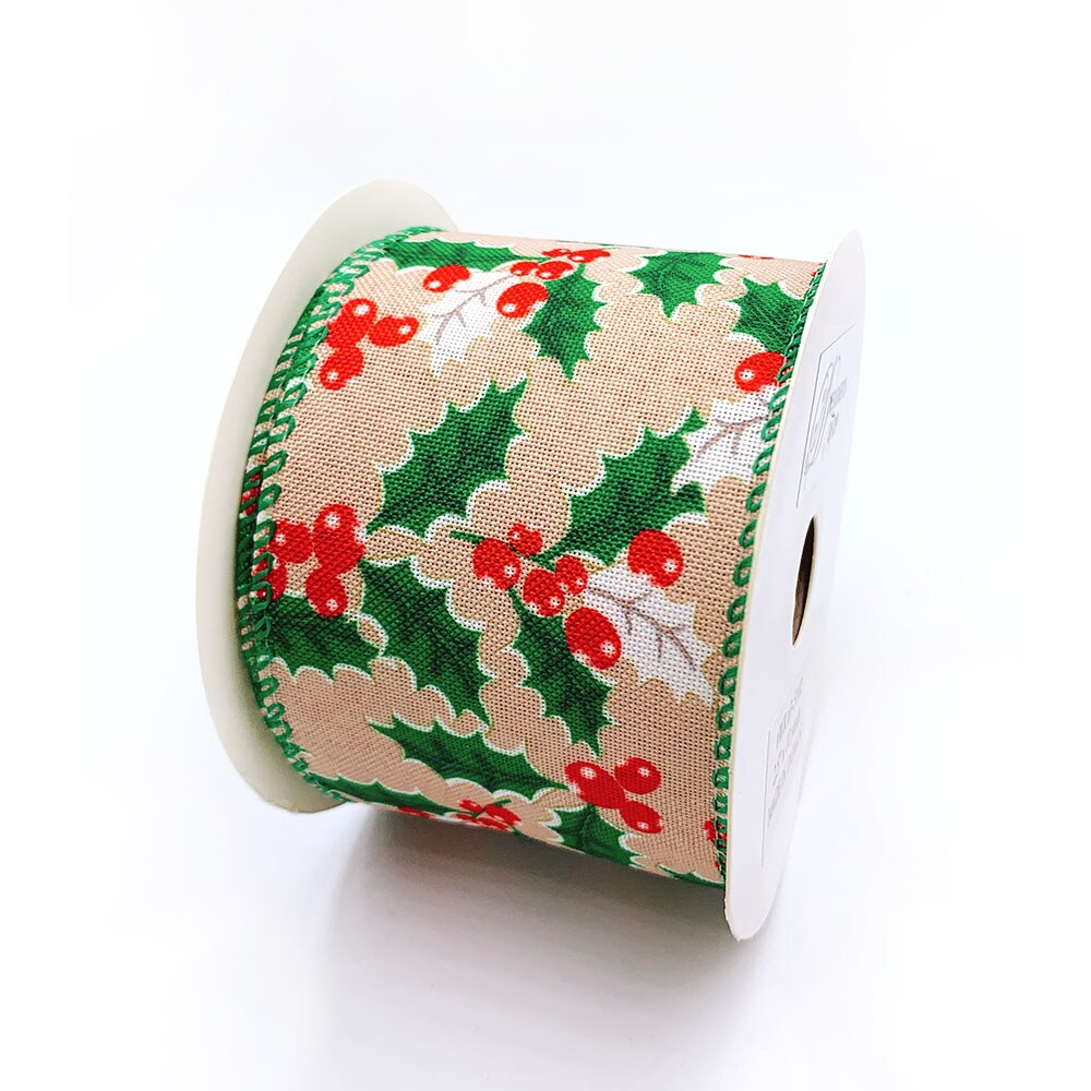 Designer&#x27;s Shop Holiday Holly Berries wired edge ribbons WR 63-5102, 2.5&#x22; x 10 yards