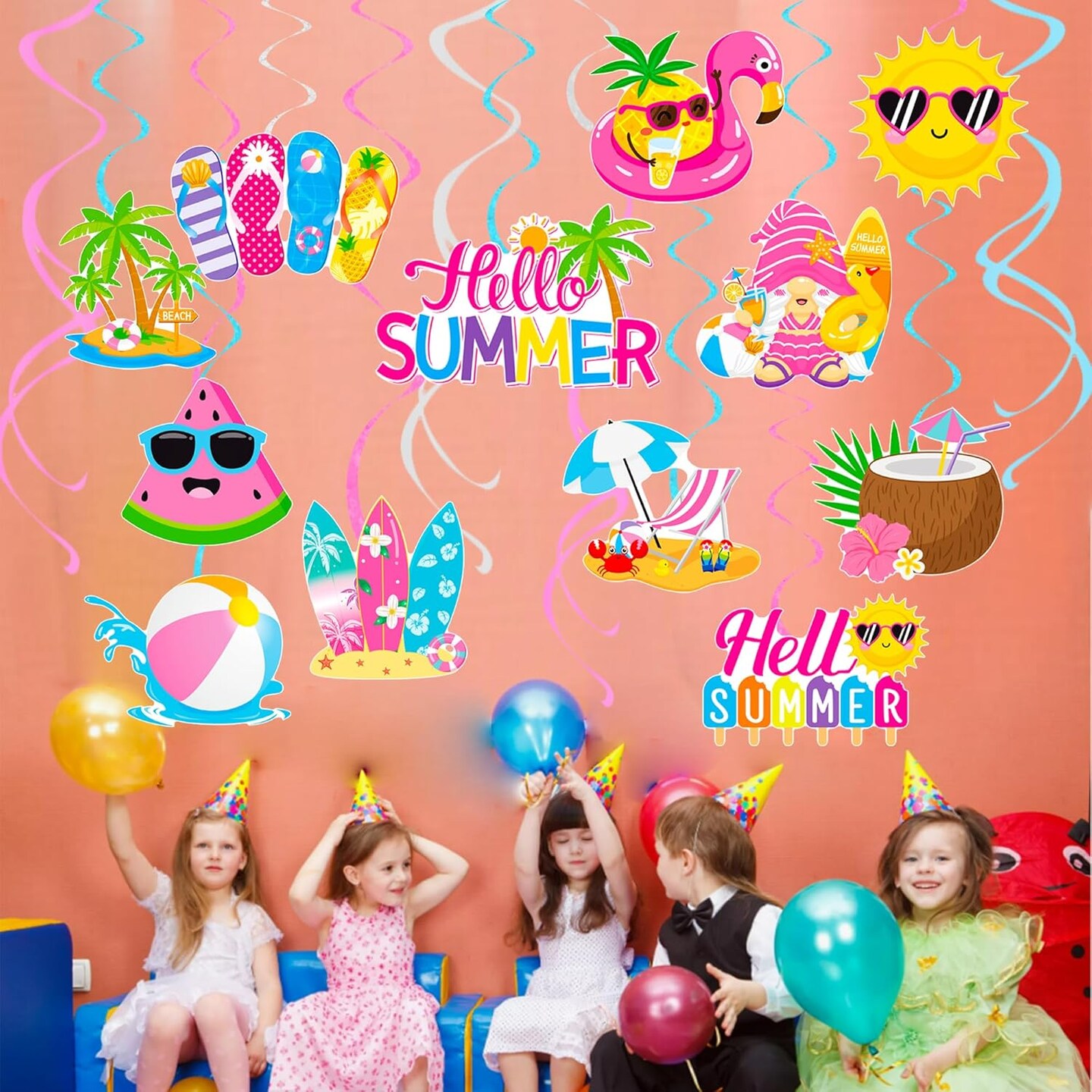 20Pcs Hello Summer Party Hanging Swirls Summer Beach Party Ceiling Hanging Decor Pool Party Hanging Streamers Summer Birthday Decorations for Hawaiian Themed Birthday Party Supplies