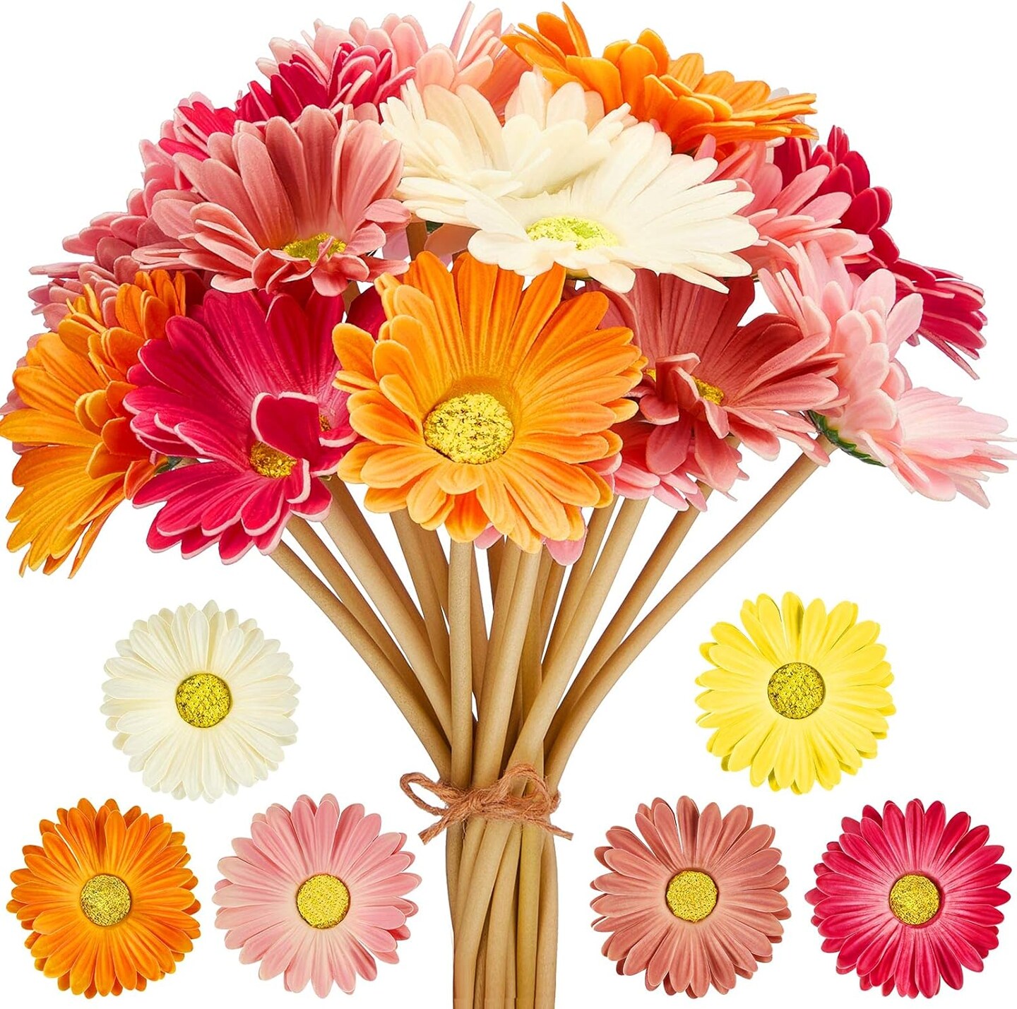 24 Pieces Artificial Gerbera Daisies Flowers Fake Daisy Faux Flowers Bouquet 15 Inch for Wedding Bridal Bouquet Party Home Kitchen Decor (White,Pink,Yellow,Orange,Rose,Coral)