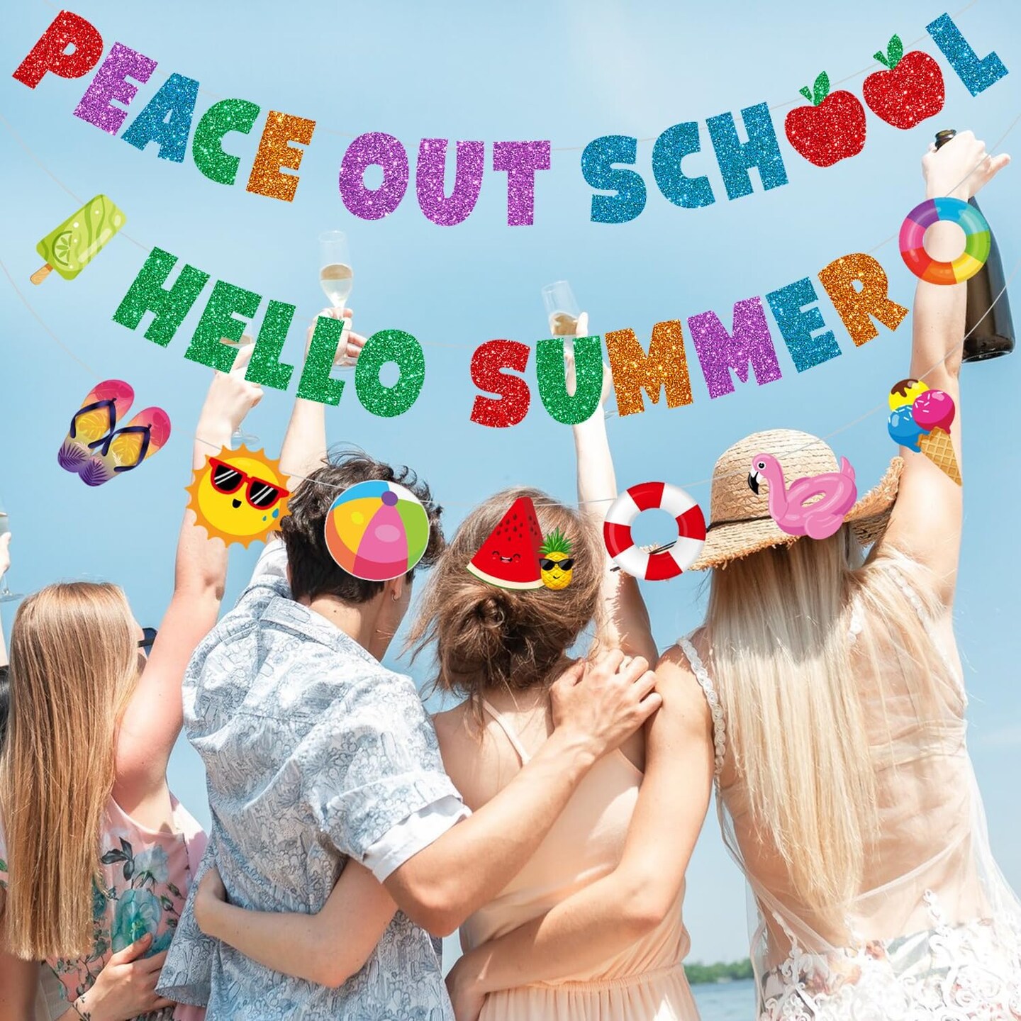 Schools Out for Summer Decorations, Glittery Peace out School Hello Summer Banner, NO-DIY End of School Year Party Decorations Include 1 Pc Last Day of School Decorations Banner and1 Pc Summer Garland
