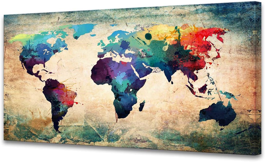 Abstract World Map Canvas Painting Vintage Posters Prints Colorful Wall Art Wall Pictures Framed Ready to Hang for Living Room Bedroom Office Home Decor