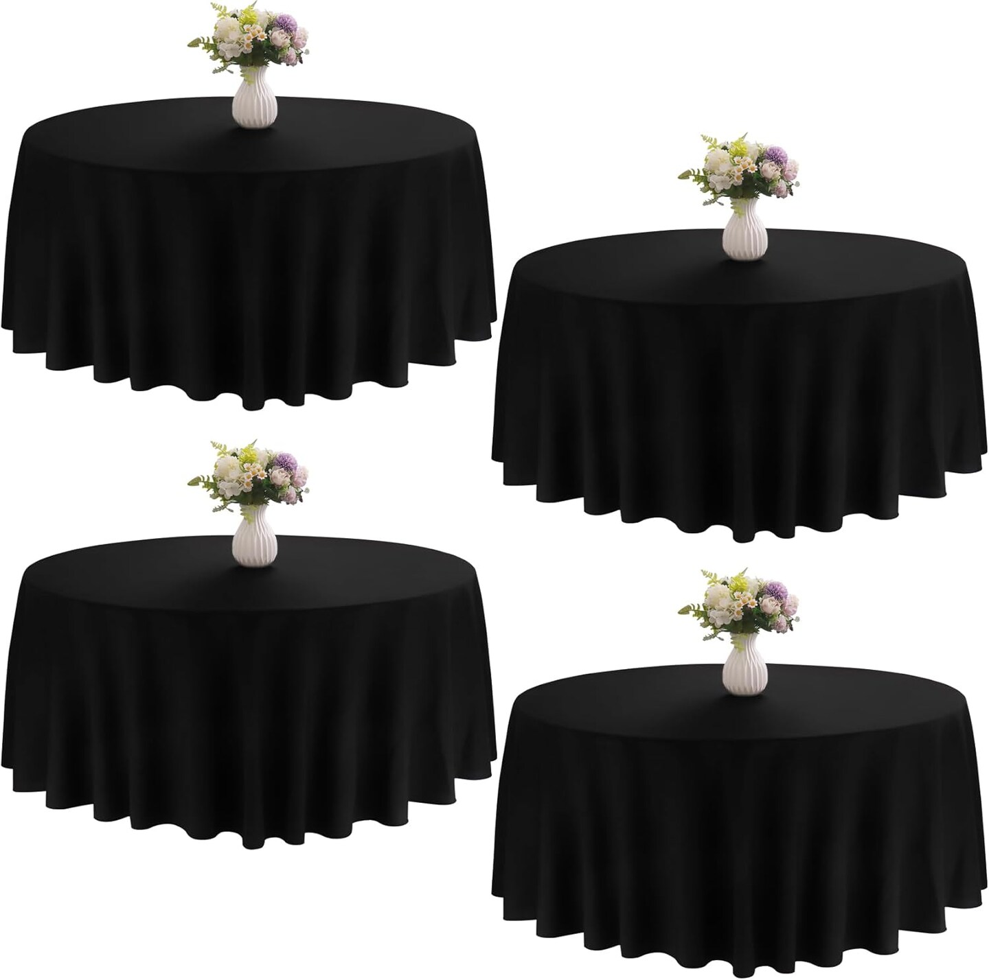 4 Pack 90 Inch Black Round Tablecloths – Washable Polyester Table Covers for Weddings, Dining, Buffets, Parties, and Banquets