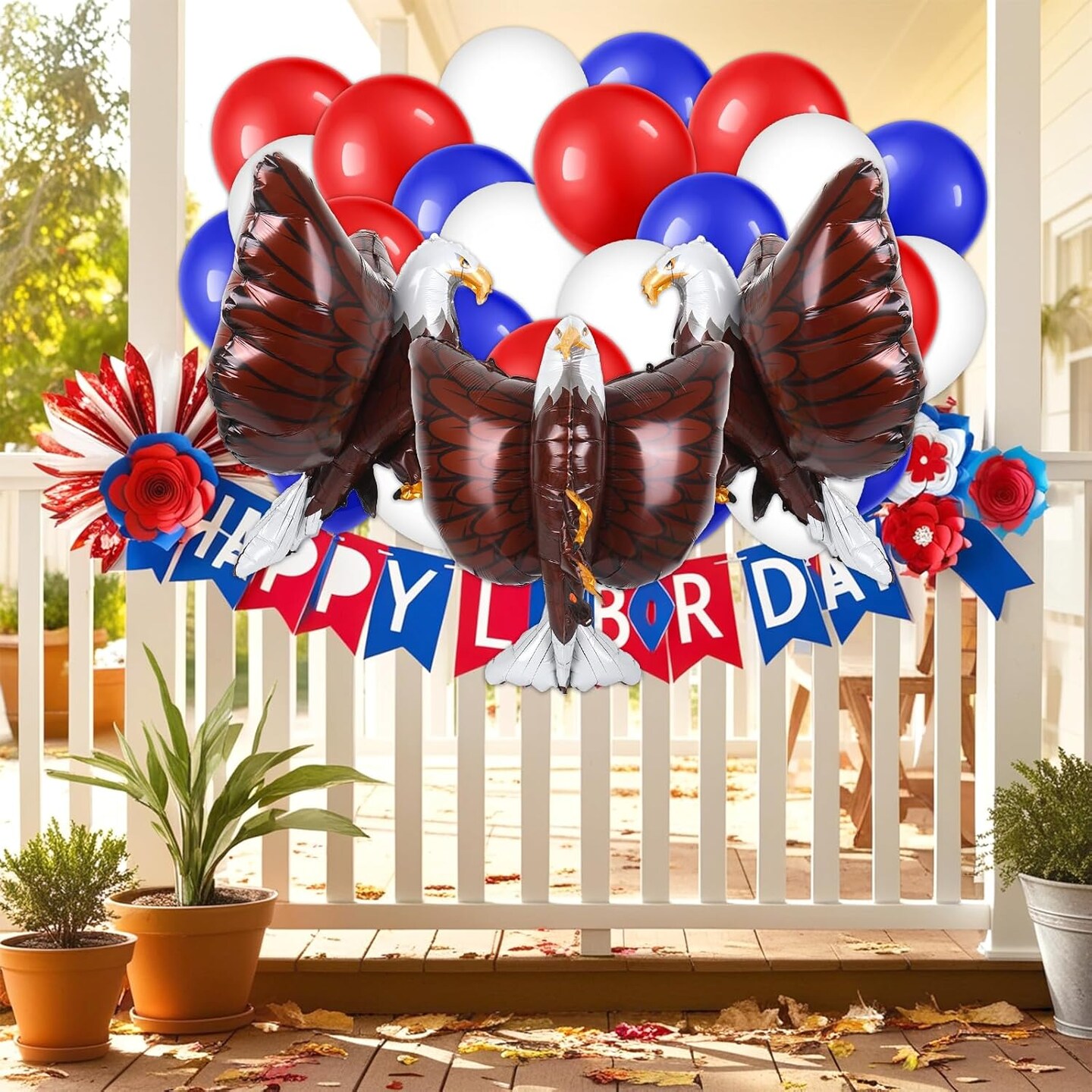 63Pcs Patriotic Balloons Set 3D Giant Eagle Foil Balloon 4th of July Red Blue White Latex Balloons with Ribbon for Independence Day Veterans Day Decor