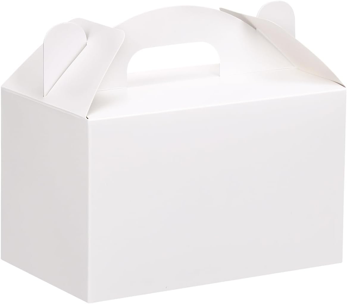 48 Pack White Party Favor Treat Boxes, 6x3.5x3.5 Inches Gable Gift Boxes with Handles for Birthday, Wedding, Baby Shower