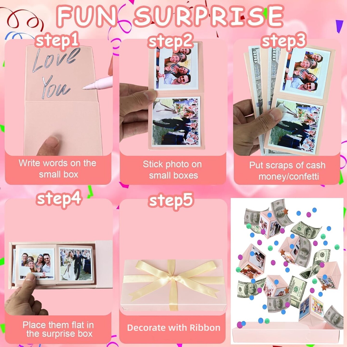 Surprise Box Gift Box for Money, DIY Unique Folding Bouncing Gift Box with Confetti, Surprise Gift Box Explosion for Birthday, Anniversary, Valentine's Day.(Pink), LH-001
