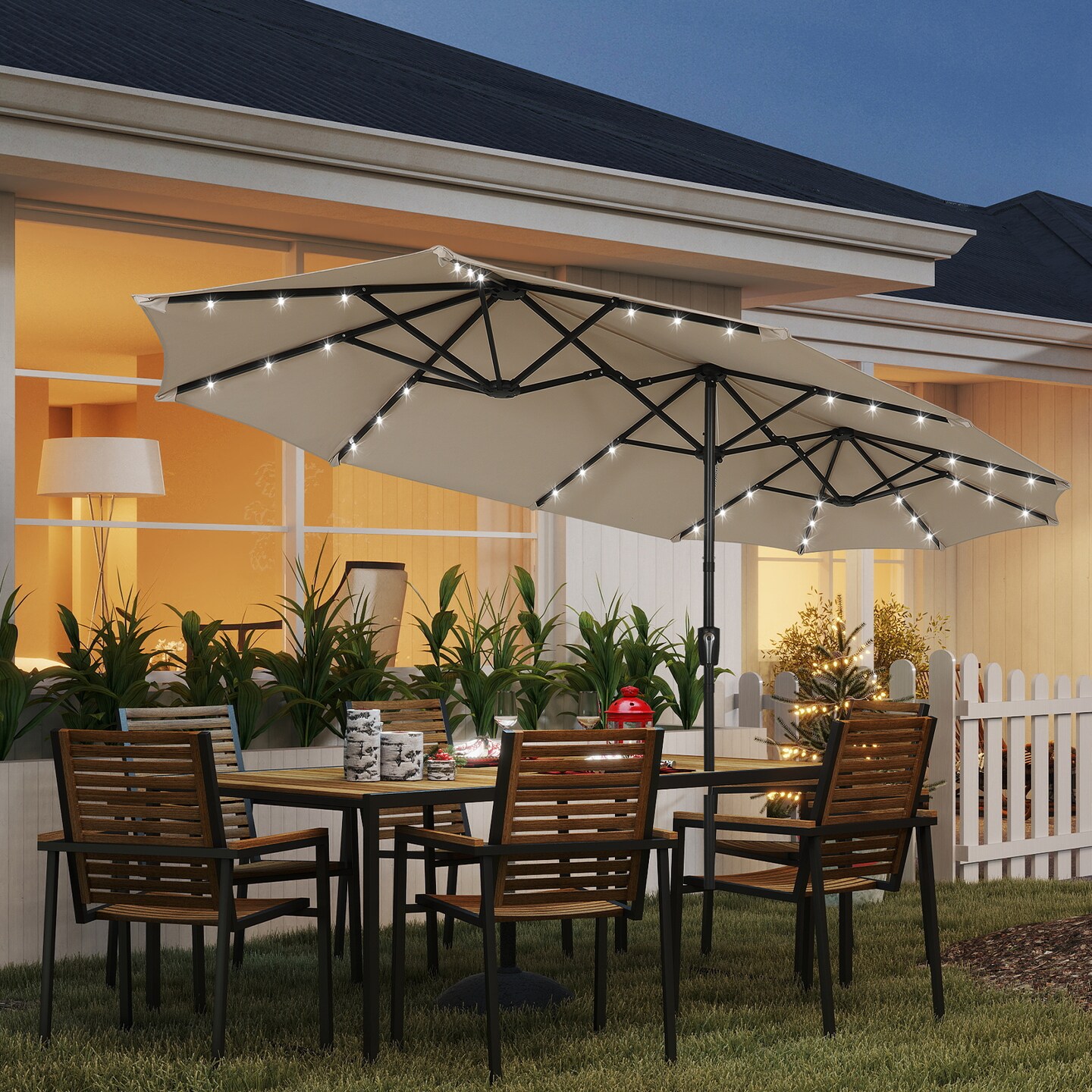 13ft Large Rectangular Outdoor Patio Umbrella with Solar Light, Reversible Outdoor Shade with Crank and Tilt for Garden, Patio, Deck and Pool (Beige)