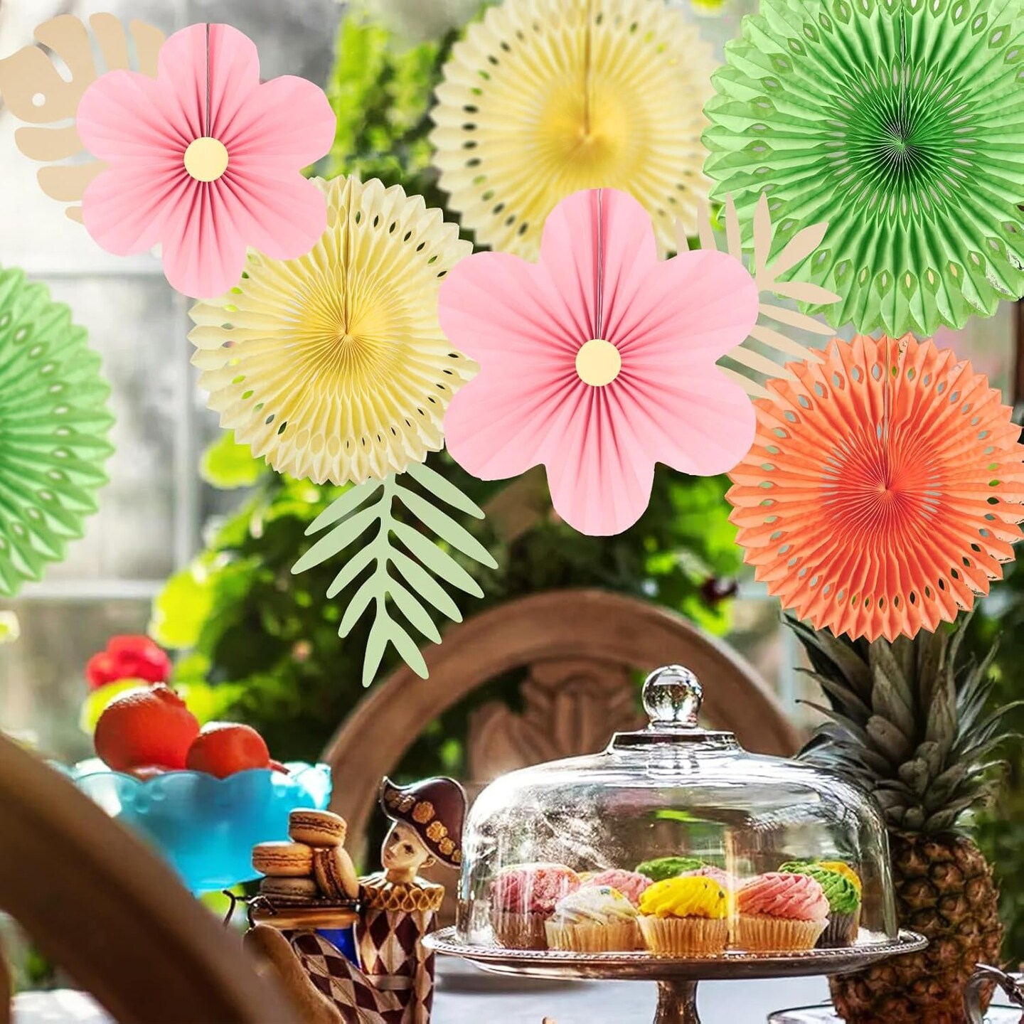 Paper Flowers Pink and Green Party Decorations Hanging Fans Spring Summer Decor for Wall Wedding Backdrop Bridal Shower Birthday - 9Pcs