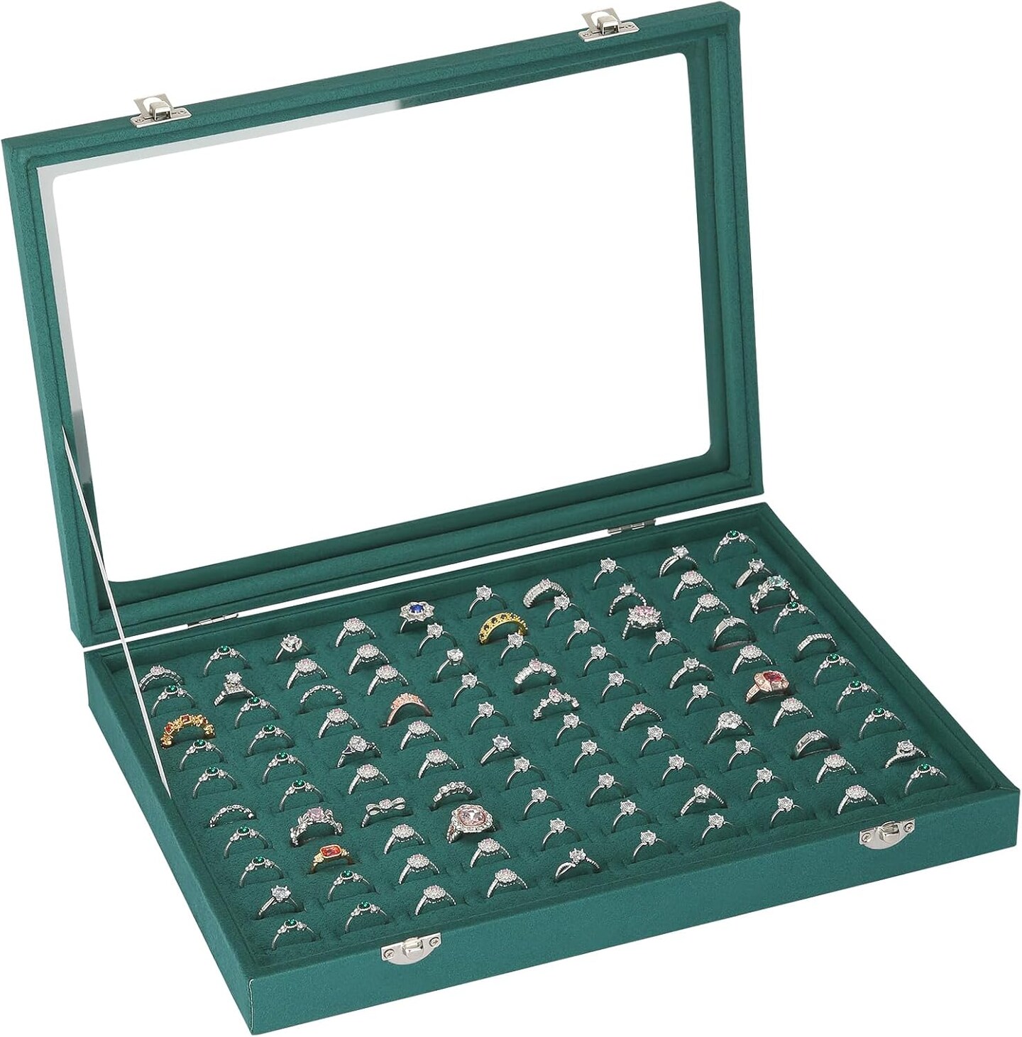 100 Slots Ring Organizer Display Tray, Velet Jewelry Ring Stud Earring Holder Storage Box with Transparent Lid
