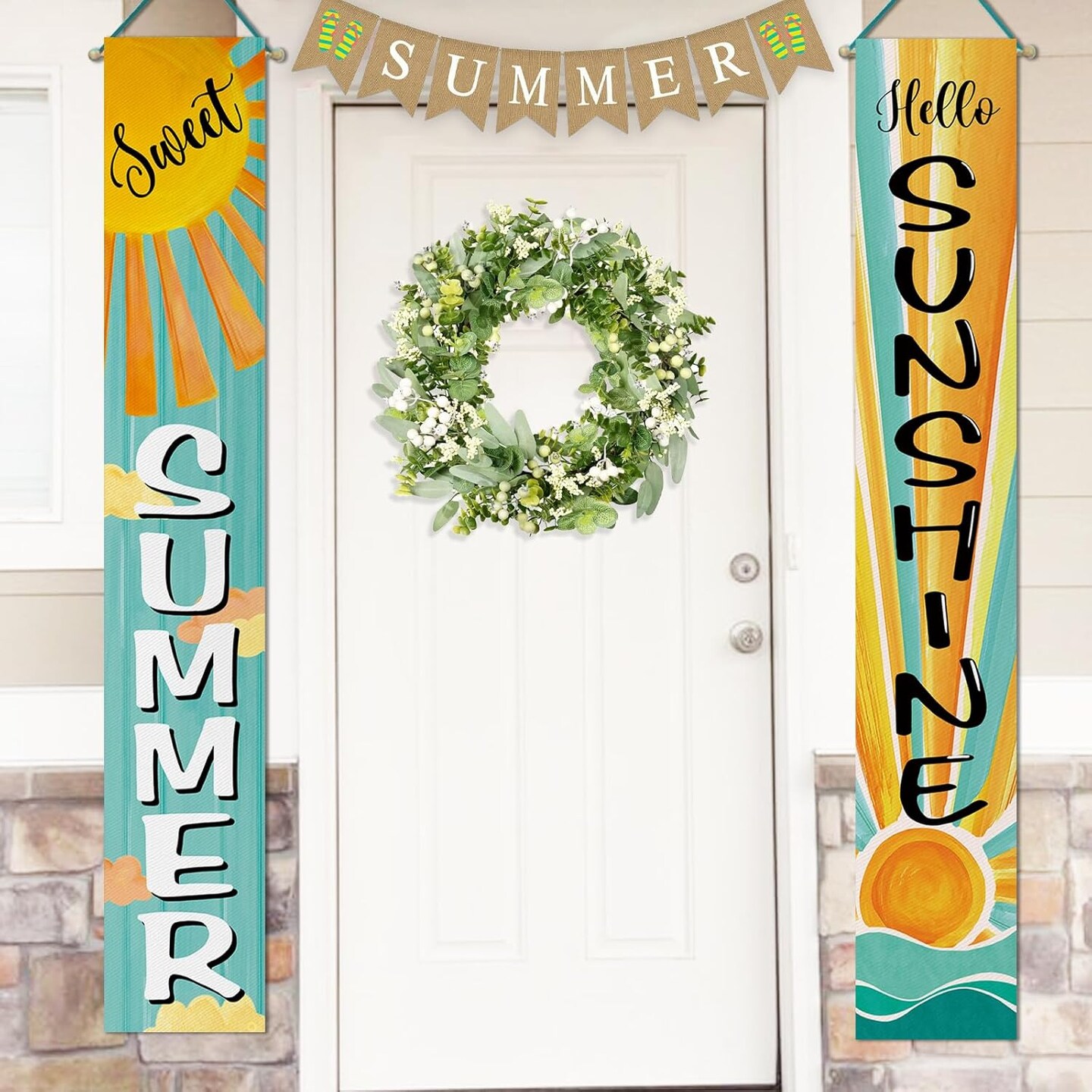 Sweet Summer Boho Sun Porch Banner Sign, Hello Sunshine Sunrise Cloud Bohemian Front Door Decorative Hanging Banner Flag, Yellow Teal Seasonal Decoration Home Outdoor Decor
