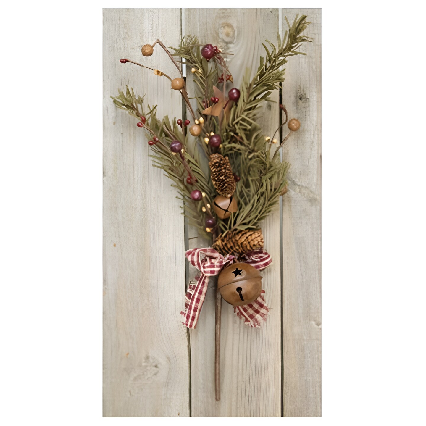 Rustic Pine Pick with Berries Pinecones Bells and Fabric Bows 16 Inch