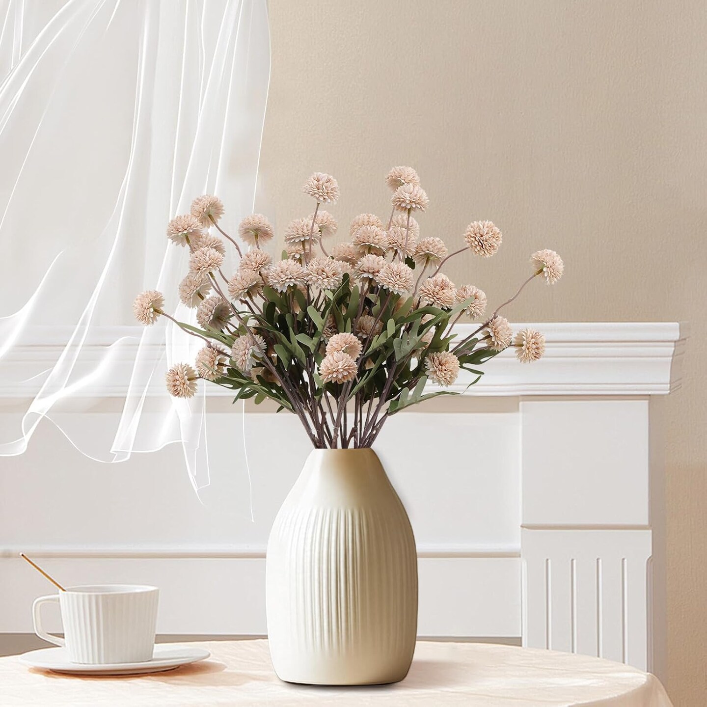 10pcs Faux Silk Pompon Mum Artificial Flowers, Bulk Fake Small Chrysanthemums with Stems for DIY Bouquet Centerpieces Wedding Fillers Arrangements Shower Decorations, Beige