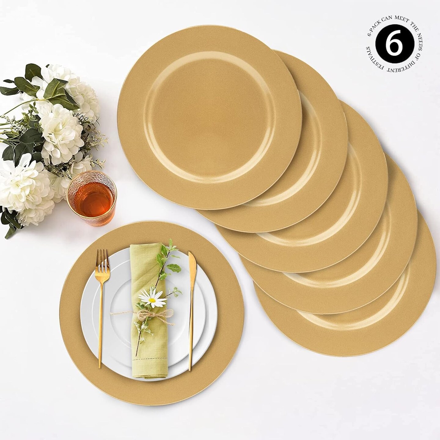 Gold Charger Plates, Set of 6, 13-Inch Round Plastic Plate Chargers for Dinner Plate, Table Setting, Elegant Wedding Decor