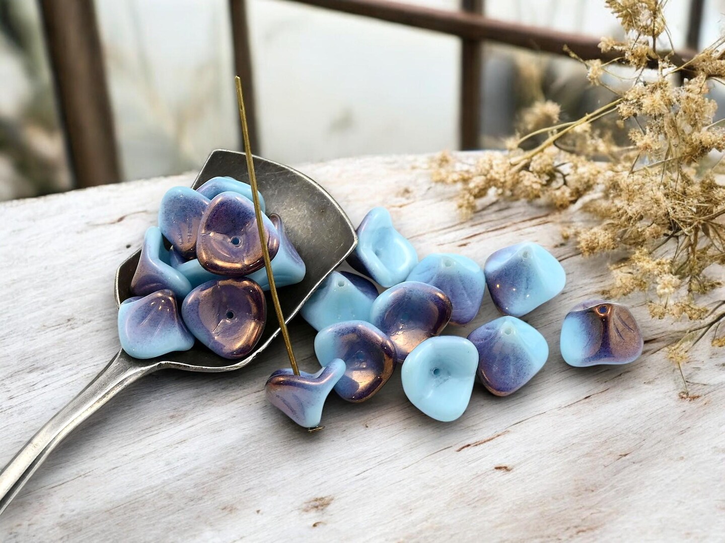 *15* 8x12mm Purple Bronze Washed Opaque Sky Blue 3 Petal Bell Flower Beads