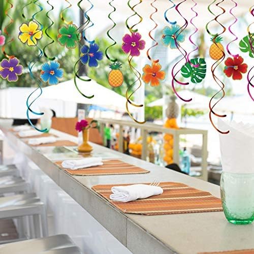 30 Pcs Hawaiian Tropical Luau Birthday Party Hanging Swirls Hibiscus Flower Foil Ceiling Decorations for Summer Tiki Cocktail Beach Decoration Supplies