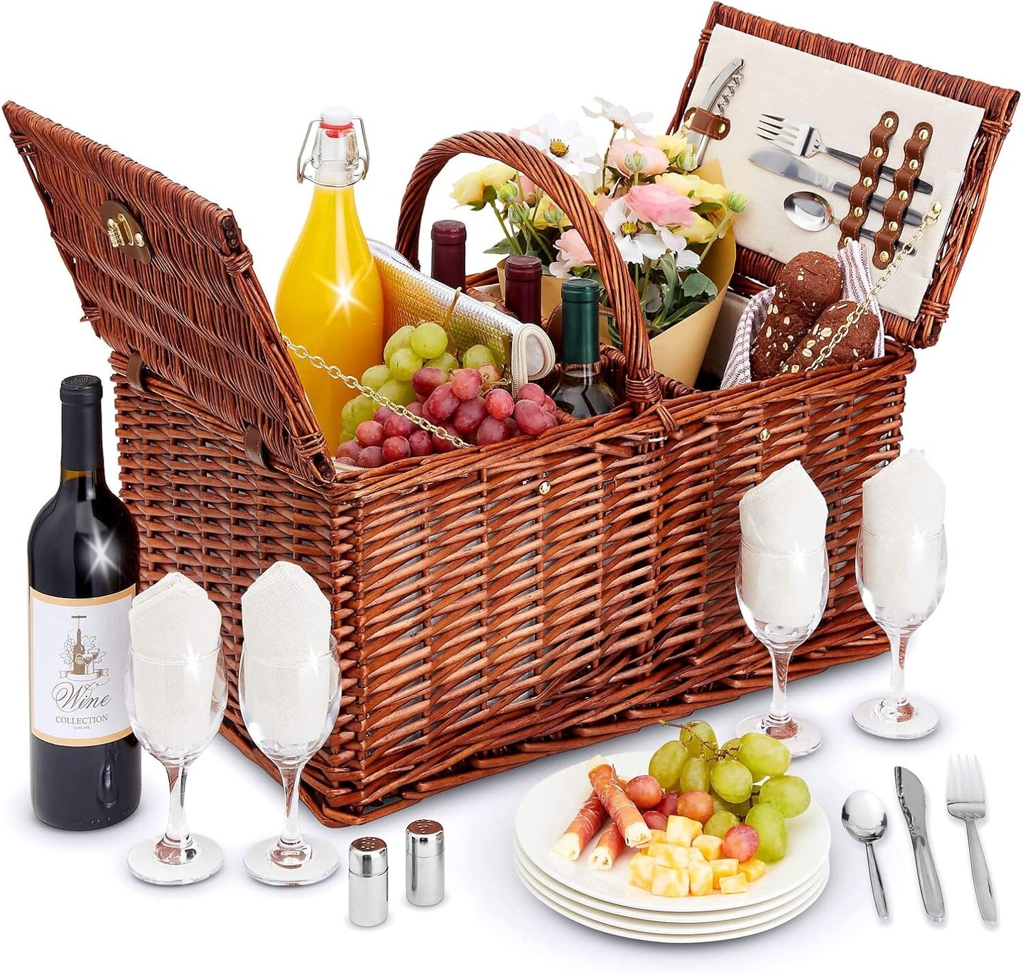 Wicker Picnic Basket Set for 4 with Utensils, Glasses, and Insulated Cooler Bag - Luxury Camping, Picnic Essentials and Outdoor Tableware for Family Gatherings