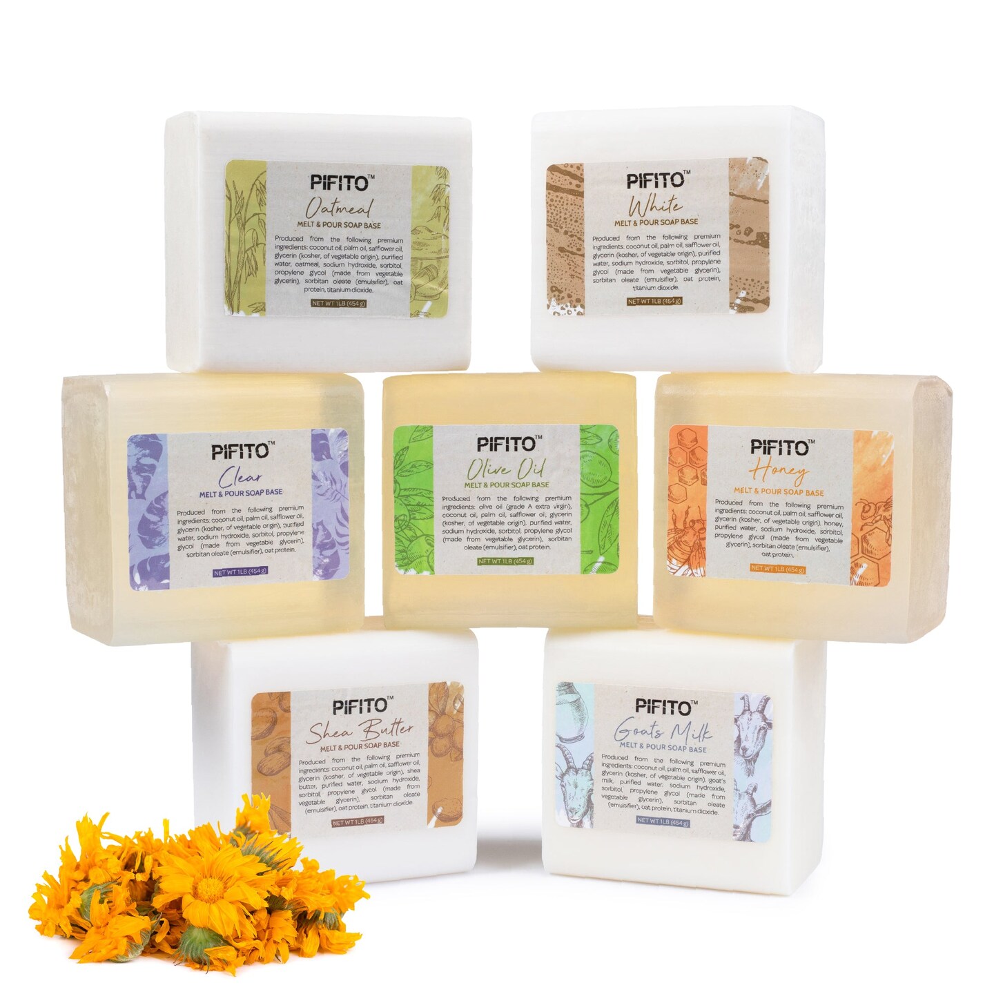 Pifito Melt and Pour Soap Base Sampler (7 lbs) │ Assortment of 7 Bases (1lb ea) │ Clear, White, Goats Milk, Shea Butter, Oatmeal, Honey, Olive Oil │ Glycerin Soap Making Supplies