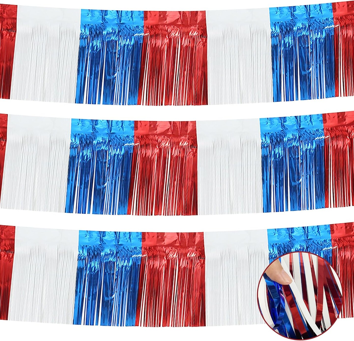 3 Pack 10 Feet Fringe Float Banner Curtains Metallic Foil Fringe Garland Shiny Tassel Foil Float, Parade Float for Trailer Car Graduation Homecoming Birthday Party (Royal Blue Red White)
