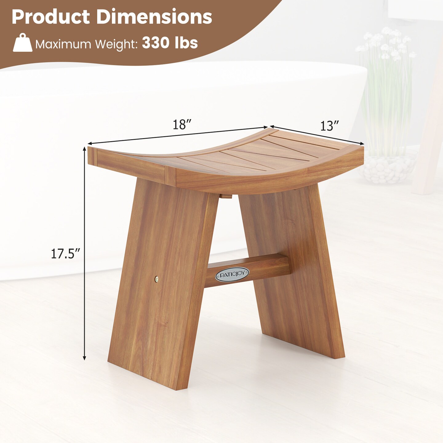 18 Inch Teak Wooden Shower Bench with Curved Seat Suitable for Indoor or Outdoor Use