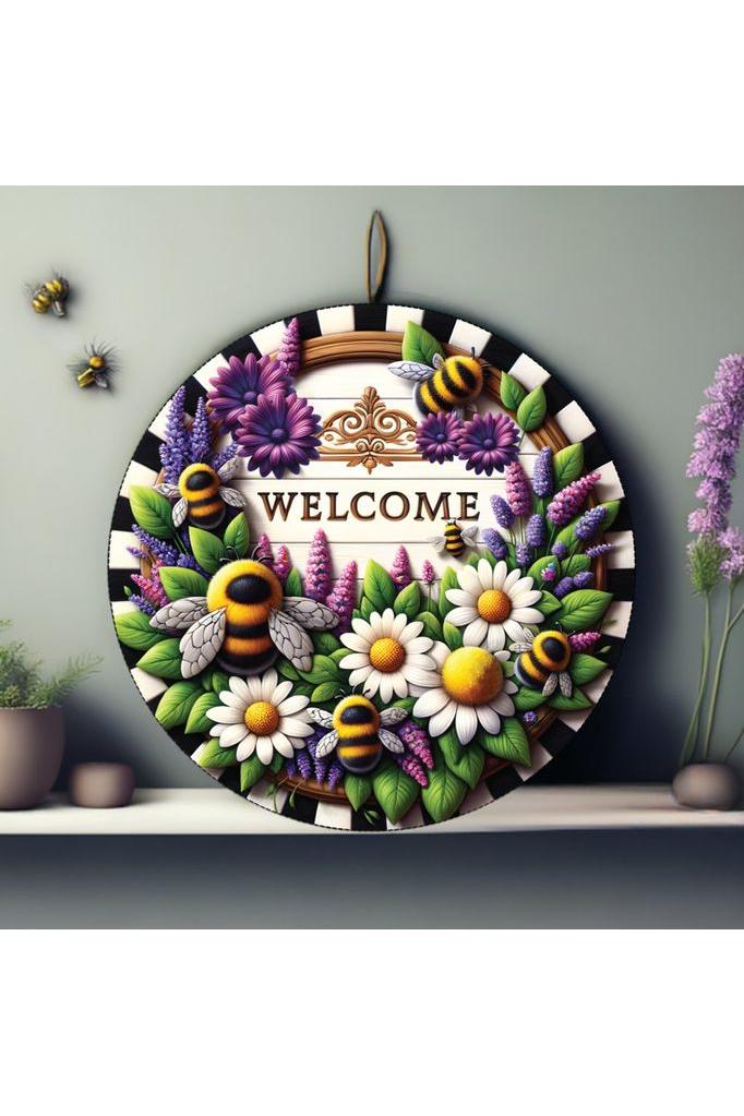 Welcome Floral Bumblebee Round Sign