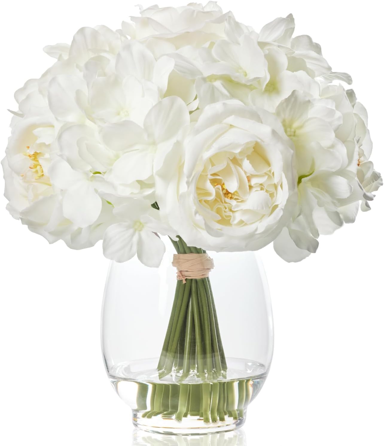 Artificial Ivory White Hydrangea Austin Rose Flower Arrangement in Vase with Fake Water, Real Touch Fake Flowers Faux Hydrangea Centerpieces