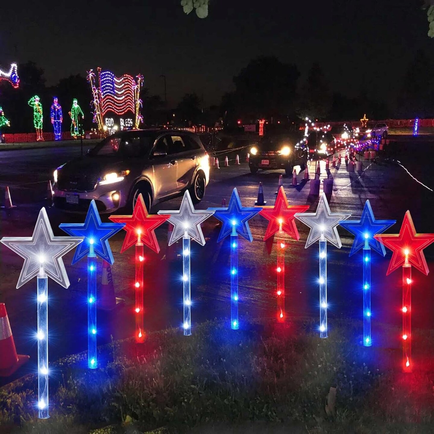 Upgraded Set of 9 Solar Pathway Lights for 4th of July Decorations, Outdoor Waterproof Red White and Blue Star Lights for Outside Porch Yard Grave Cemetery Independence Day Memorial Day Decor