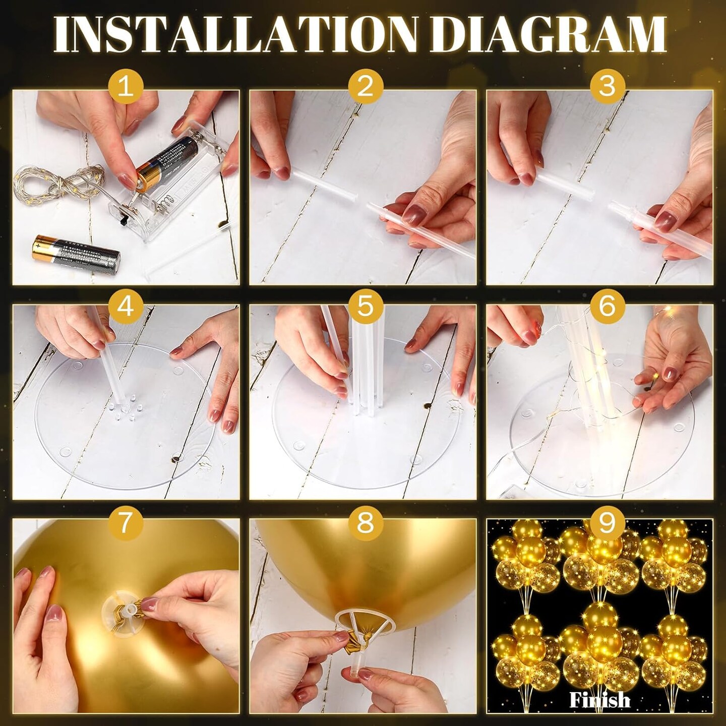 6 Set Balloons Centerpieces for Table with LED String Light 60 Pcs Balloons Light up Table Balloon Stand Centerpieces for Baby Shower Graduation Birthday Wedding Anniversary(Gold)