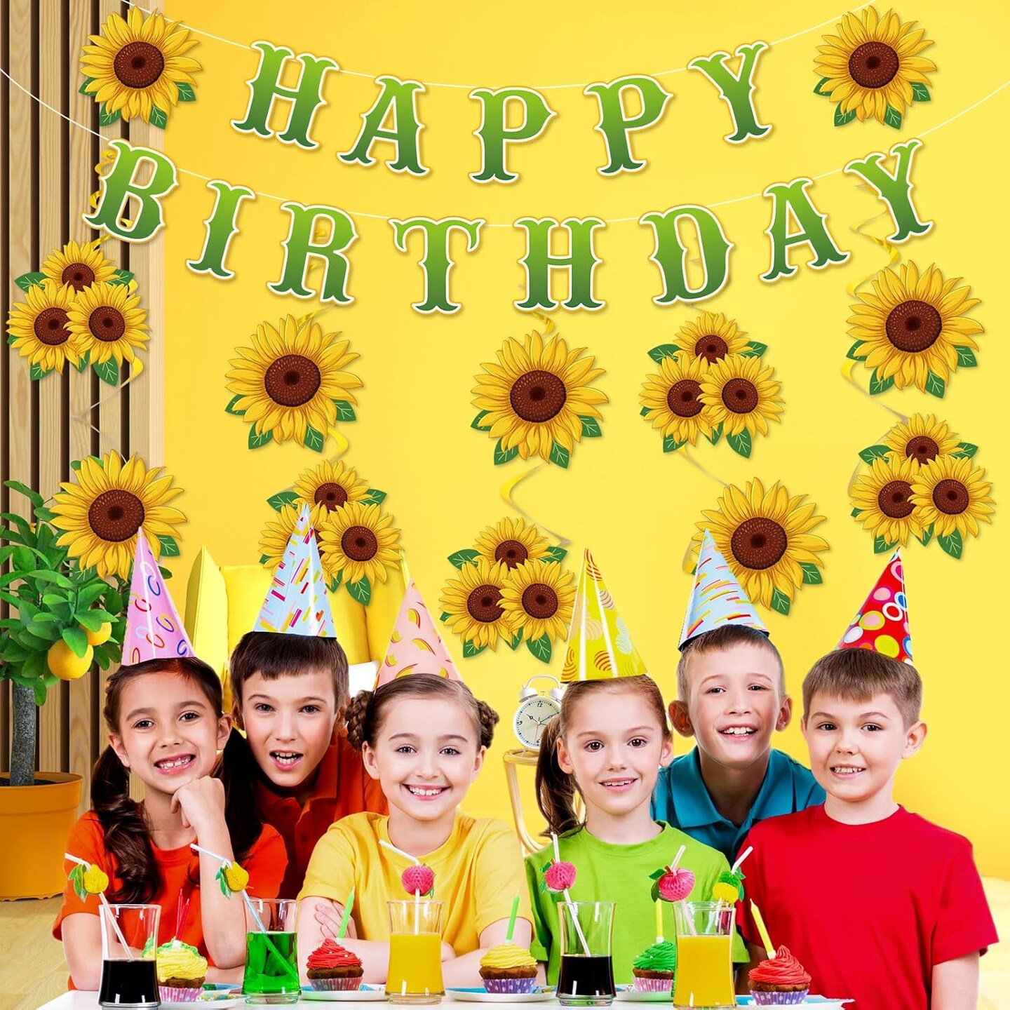 Sunflower Summer Birthday Decorations - Summer Banner &#x26; Yellow Hanging Swirls, Themed Party Decor for Women &#x26; Girls