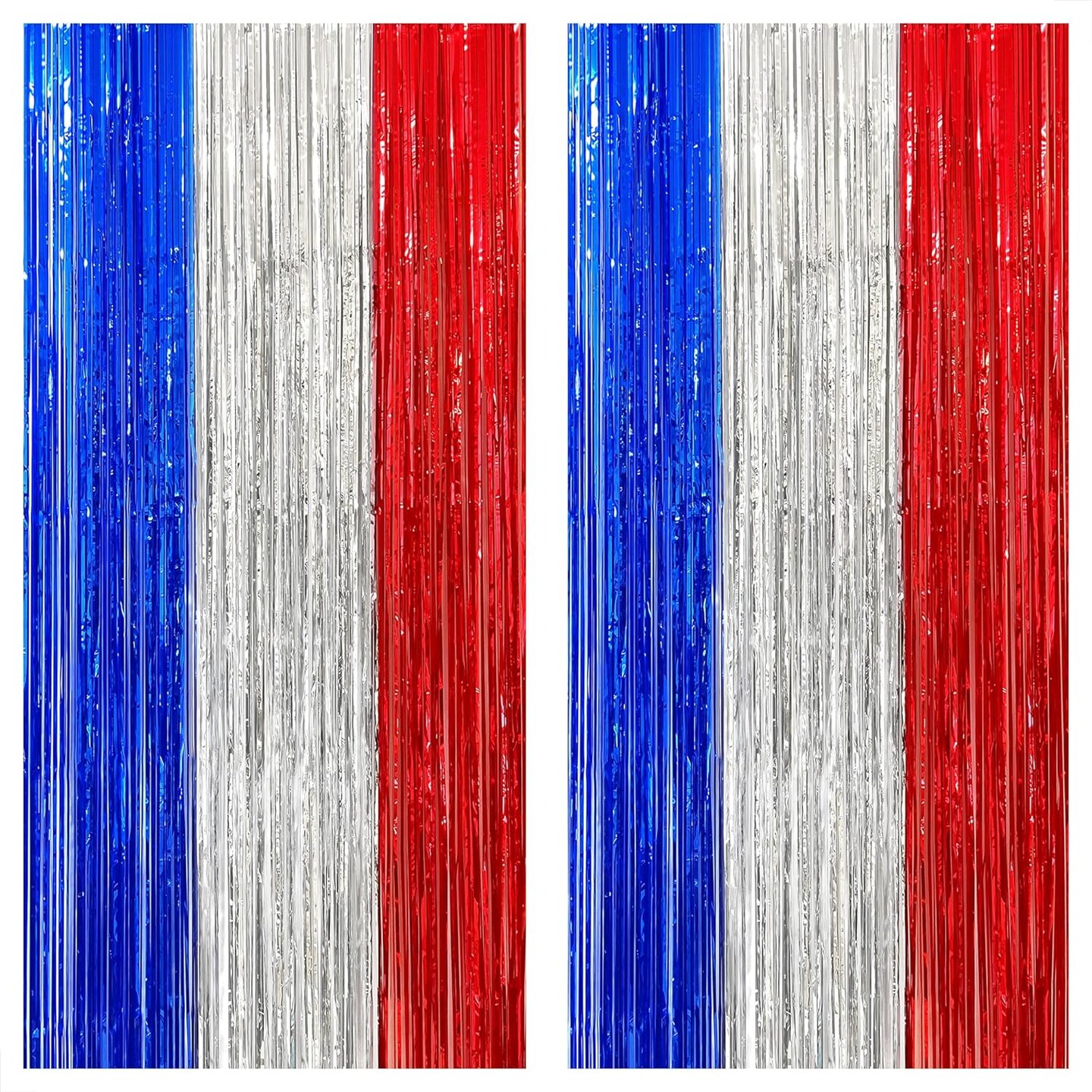 XtraLarge 4th of July Red White and Blue Streamers 2 Pack, Metallic Foil Fringe Backdrop Curtain 3.2 x 8 ft Patriotic Decoration for Independence Day Memorial Day Veterans Day Party Decor