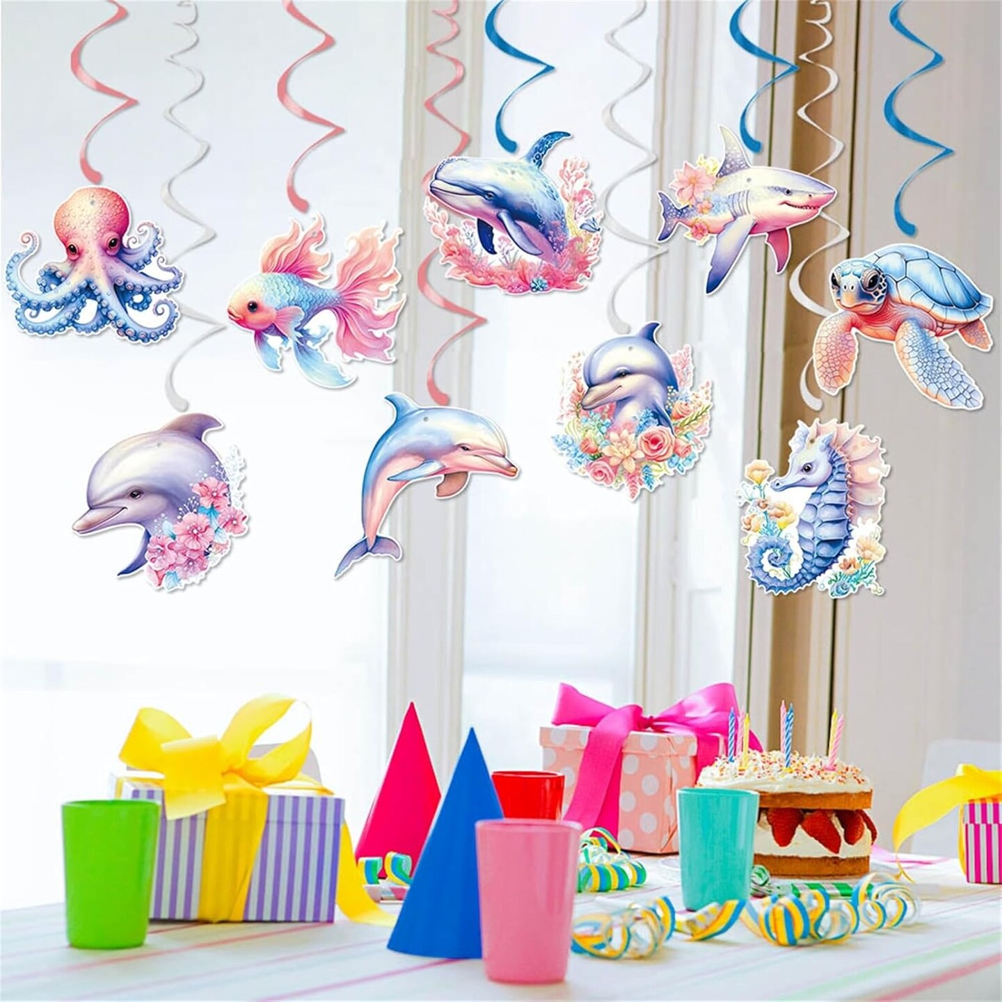 18 Pieces Ocean Animals Hanging Swirl Summer Decorations, Under The Sea Party Decor Marine Life Party Swirls Streamers