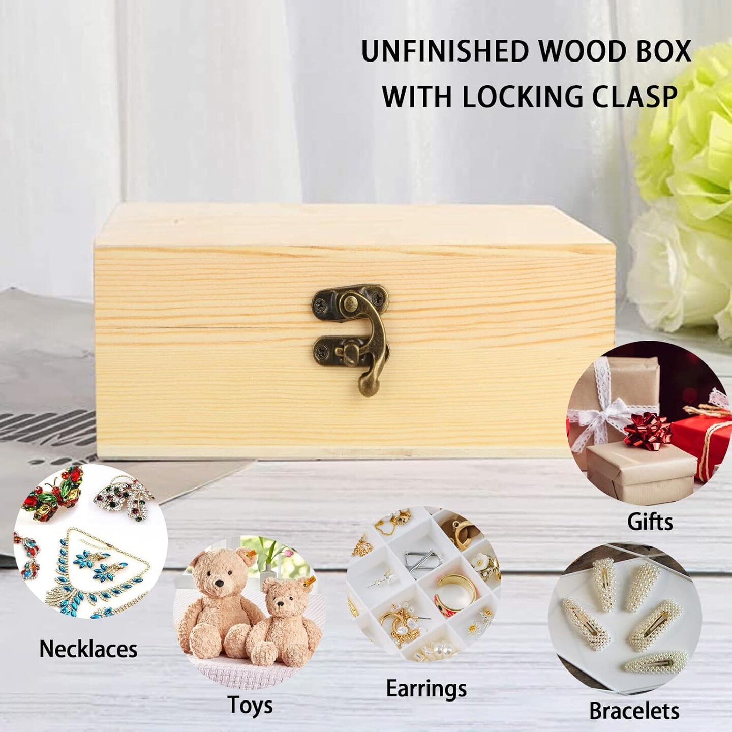 4 Pack Unfinished Wooden Box, 7x5x2 Inch Wooden Box with Hinged Lid, Small Natural Pine Wood Boxes for Crafts, DIY, Arts Hobbies and Home Storage