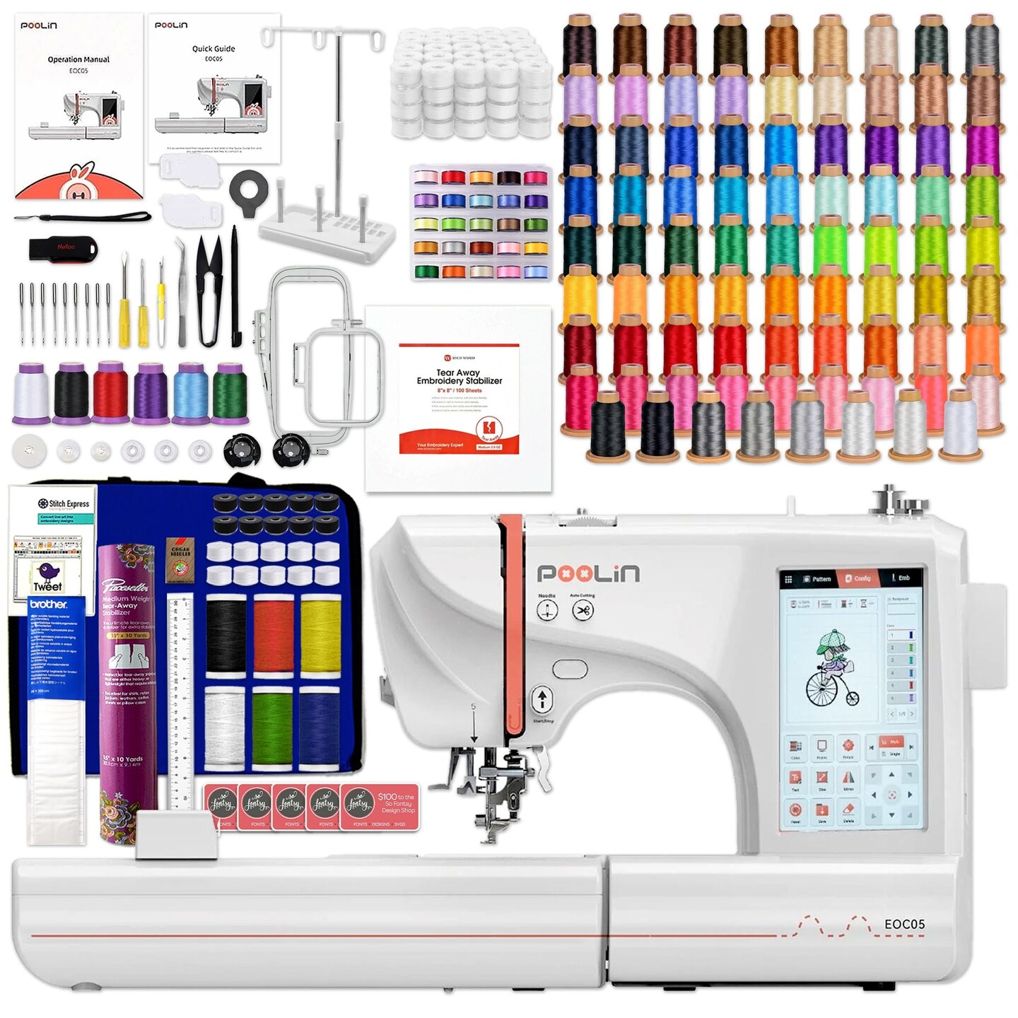 POOLIN EOC05 4in x 9.2in Embroidery Machine with Thread &#x26; Digitizing Bundle