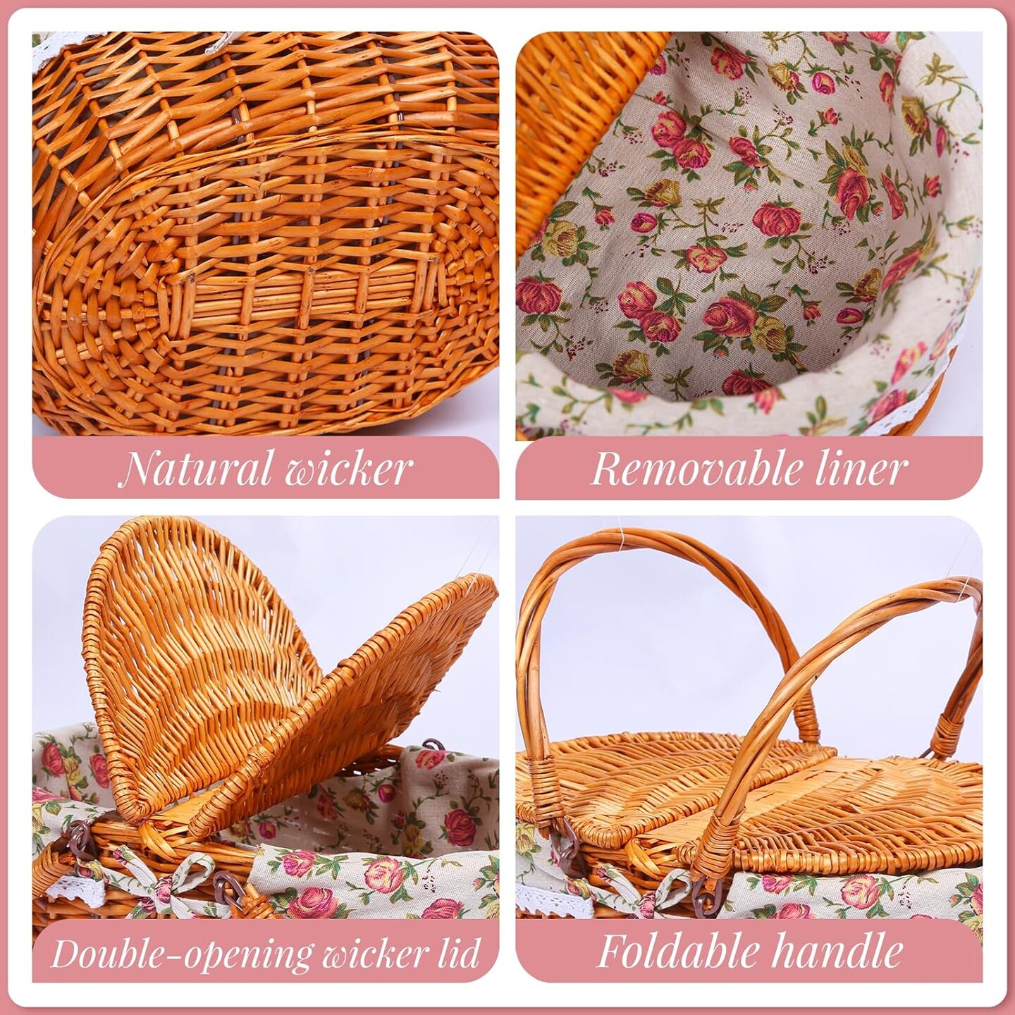 Wicker Picnic Basket Set for 4 with Lid and Handle Picnic Hamper with Washable Lining and Cutlery Set for Outdoor, Camping, Halloween, Christmas, and Birthday