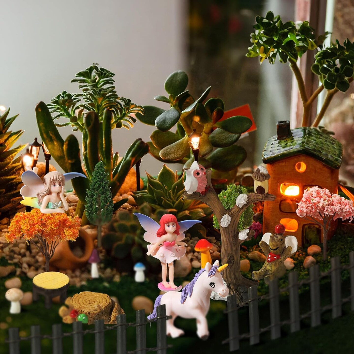 58 Pcs Miniature Garden Set Flower Angel Fairy House Animals Trees Diorama Supplies Fairy Village Mini Terrarium Figurines Micro Landscape Ornaments