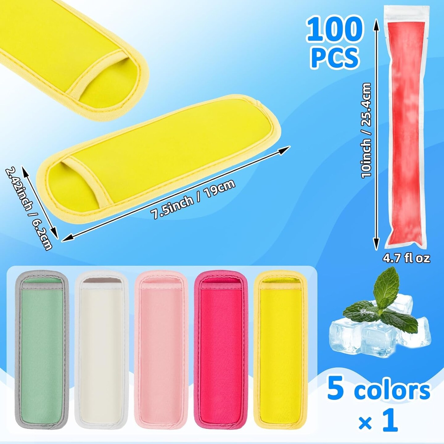 105 Popsicles Molds - 5 Ice Pop Sleeves 100 Disposable Popsicle Bags Sealable Freeze Sleeve for Fruit Snack, Yogurt Juice for Summer Party Edge Wrapped Leak - Proof Neoprene Family DIY
