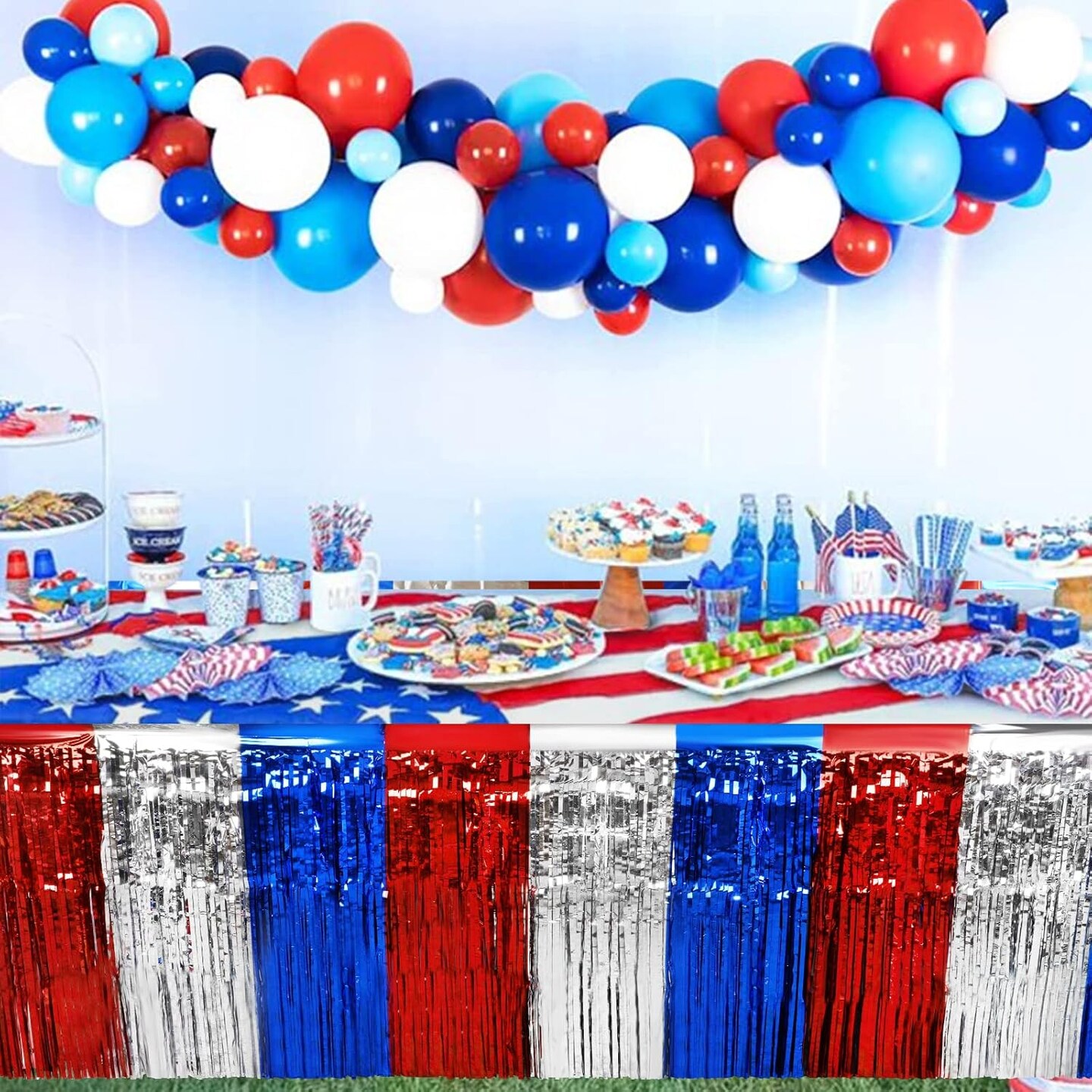 6 Pack 4th of July Table Skirt Decorations, Red Silver and Blue Patriotic Metallic Foil Fringe Tinsel Table Skirts, Fourth of July Table Decorations for Independence Memorial Veterans Day, 29x108 Inch